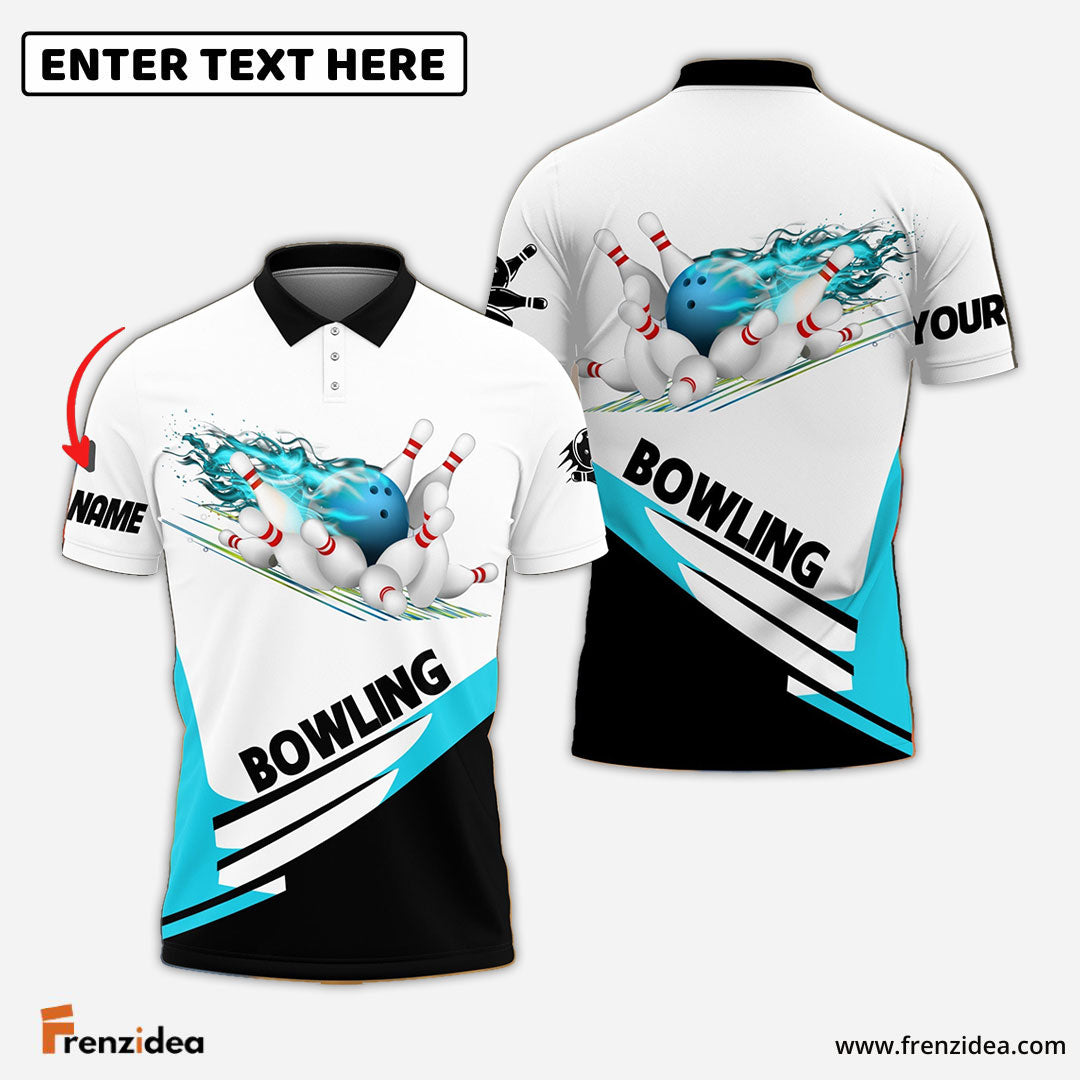Frenzidea Cyan And White Bowling Ball Flame Customized Name 3D Shirt
