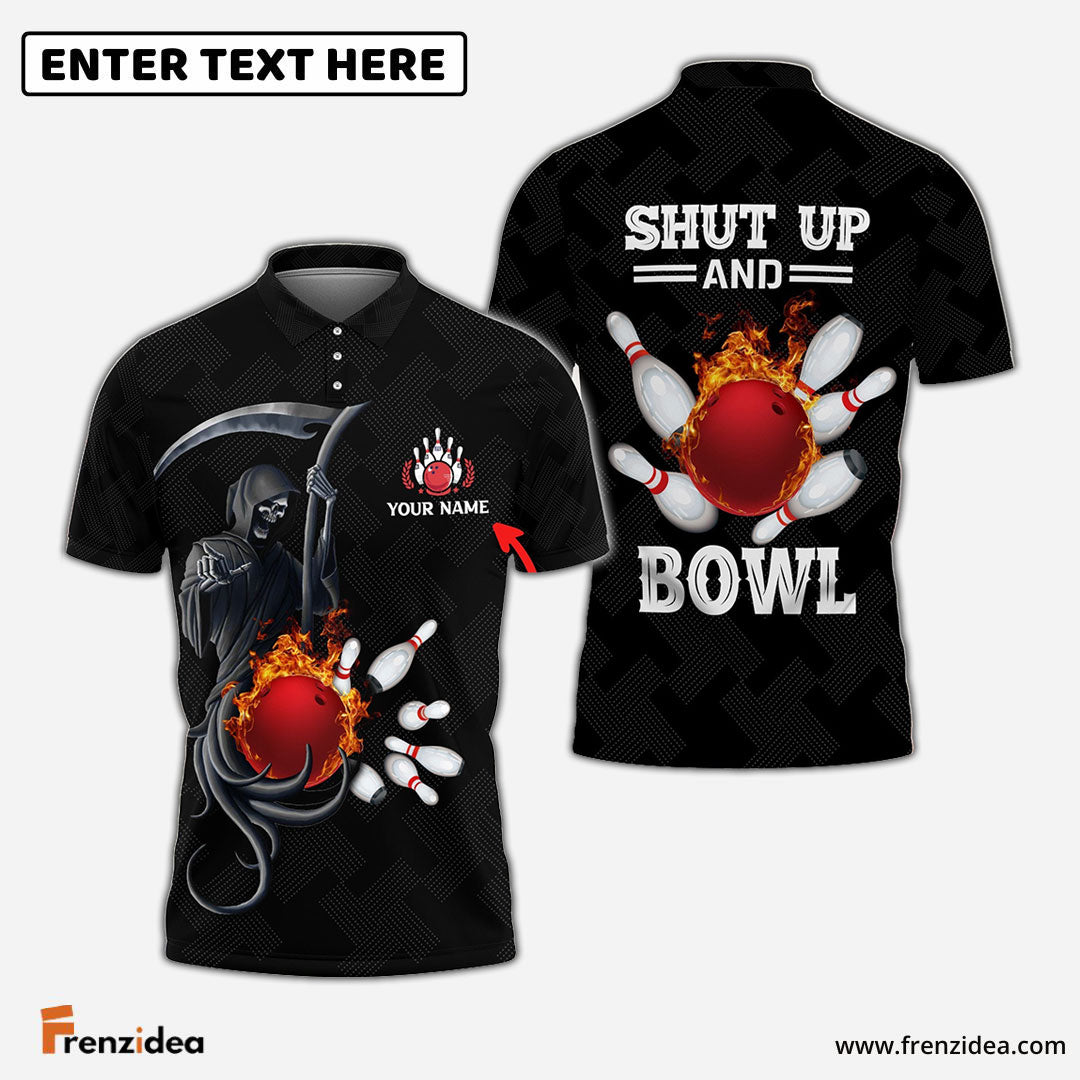 Frenzidea Bowling And Pins Flame Black Skull Pattern Premium Customized Name 3D Shirt