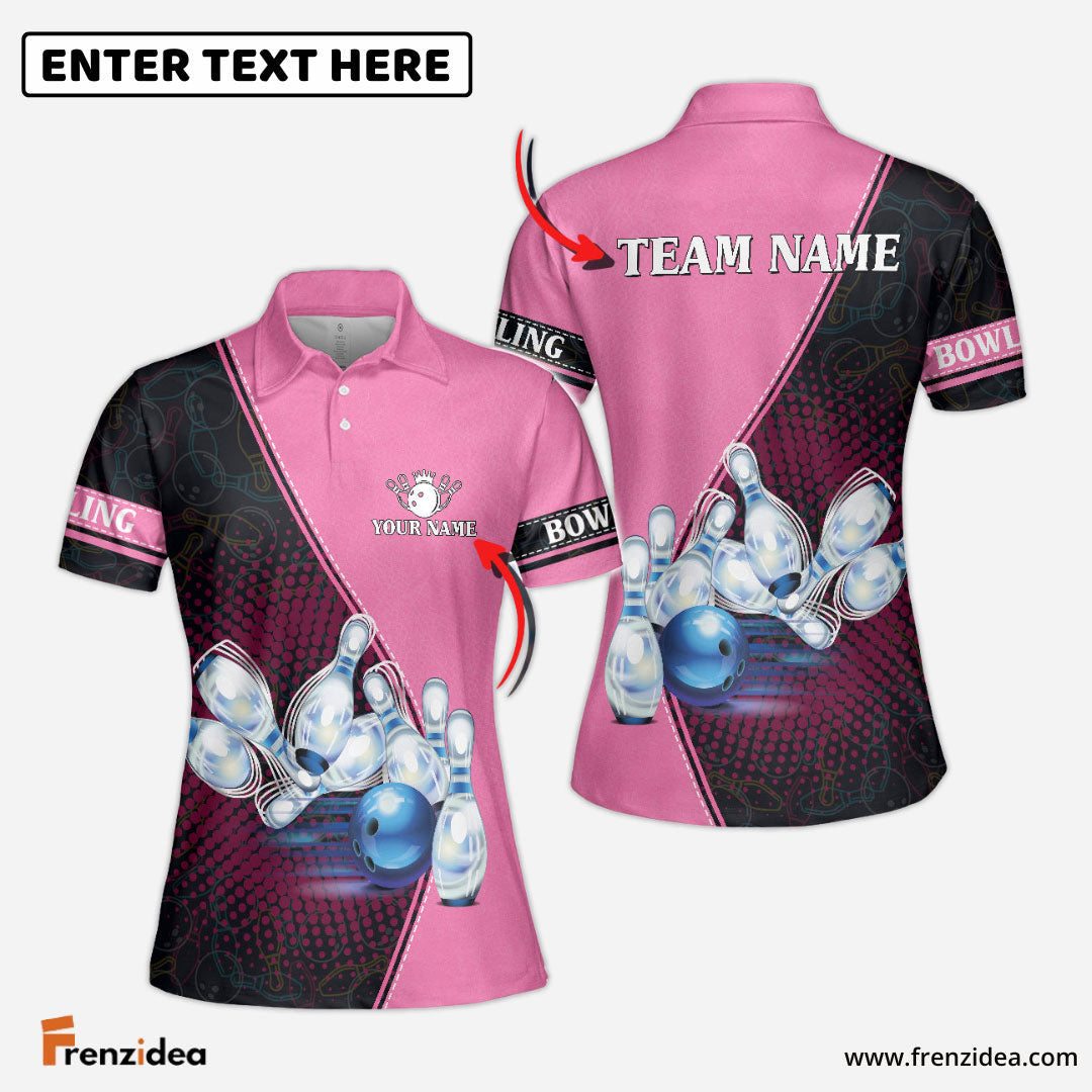 Frenzidea Pink Bowling Ball And Pins Pattern Premium Customized Name 3D Shirt For Women