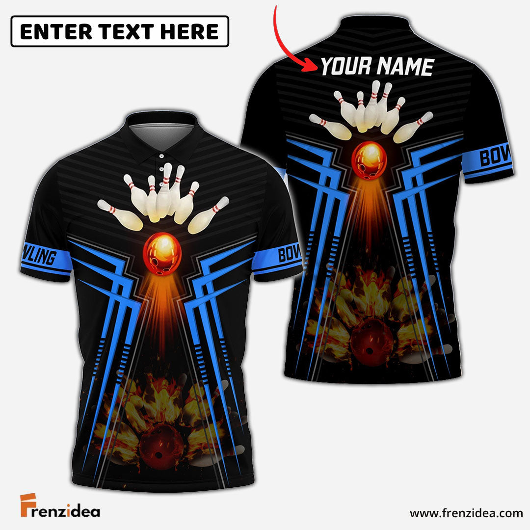 Frenzidea Blue Bowling Ball And Pins Flame Premium Customized Name 3D Shirt