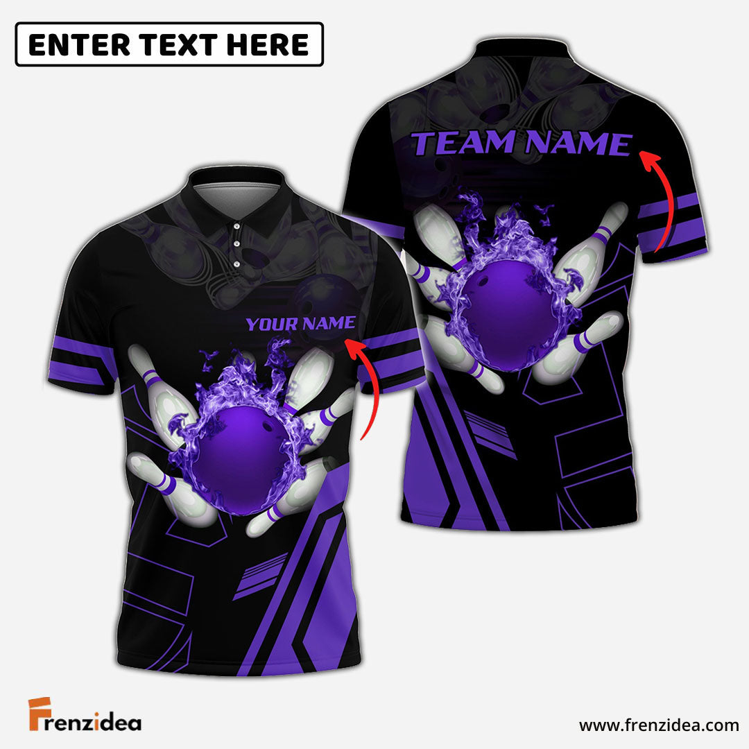 Frenzidea Purple Bowling Ball Flame Personalized Name All Over Printed Shirt