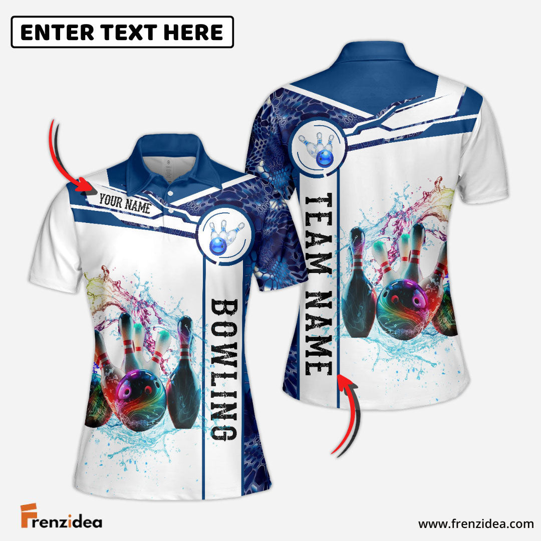 Frenzidea Blue And White Bowling Water Ball And Pins Customized Name 3D Shirt For Women