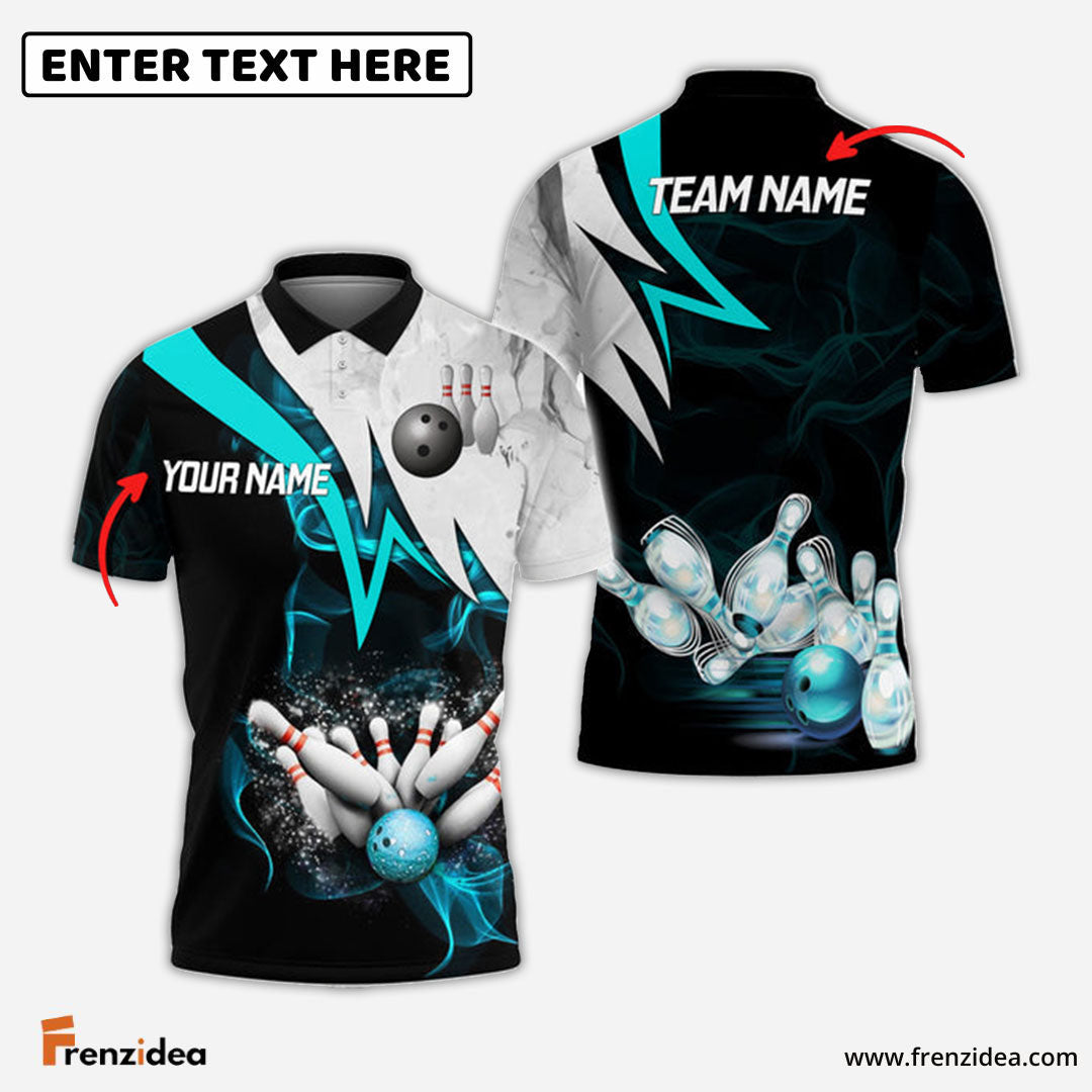 Frenzidea Cyan Smoke Pattern Bowling And Pins Premium Customized Name 3D Shirt