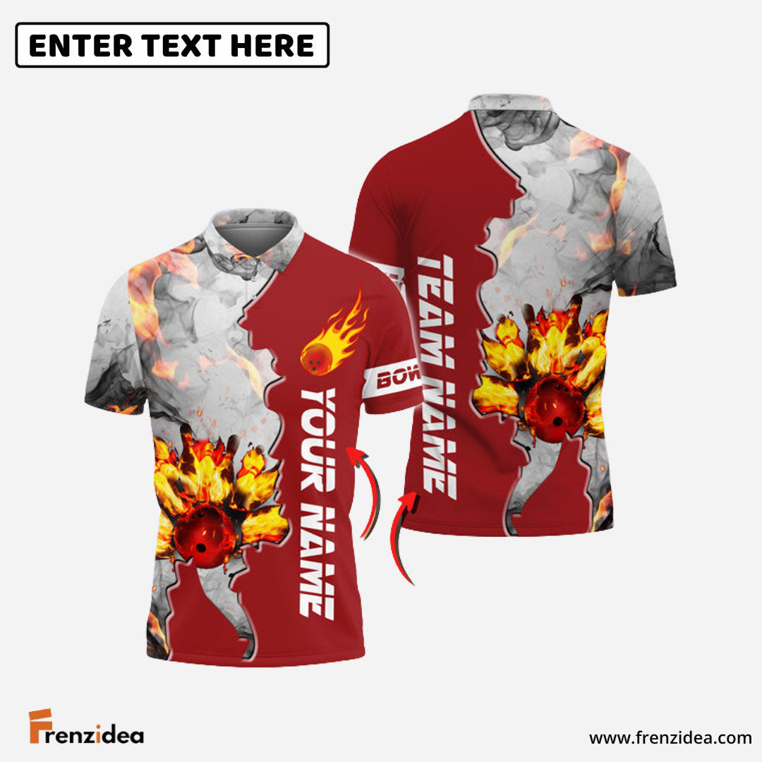 Frenzidea Red Bowling Ball And Pins Flame Grey Smoke Pattern Premium Customized Name 3D Shirt
