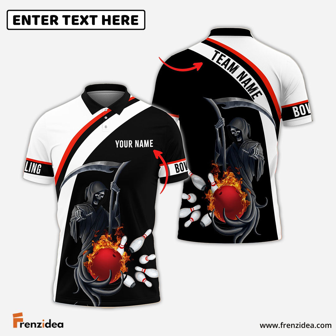 Frenzidea Red Bowling Ball Black And White Skull Pattern Premium Customized Name 3D Shirt