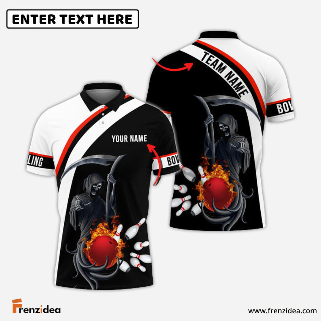 Frenzidea Red Bowling Ball Black And White Skull Pattern Premium Customized Name 3D Shirt