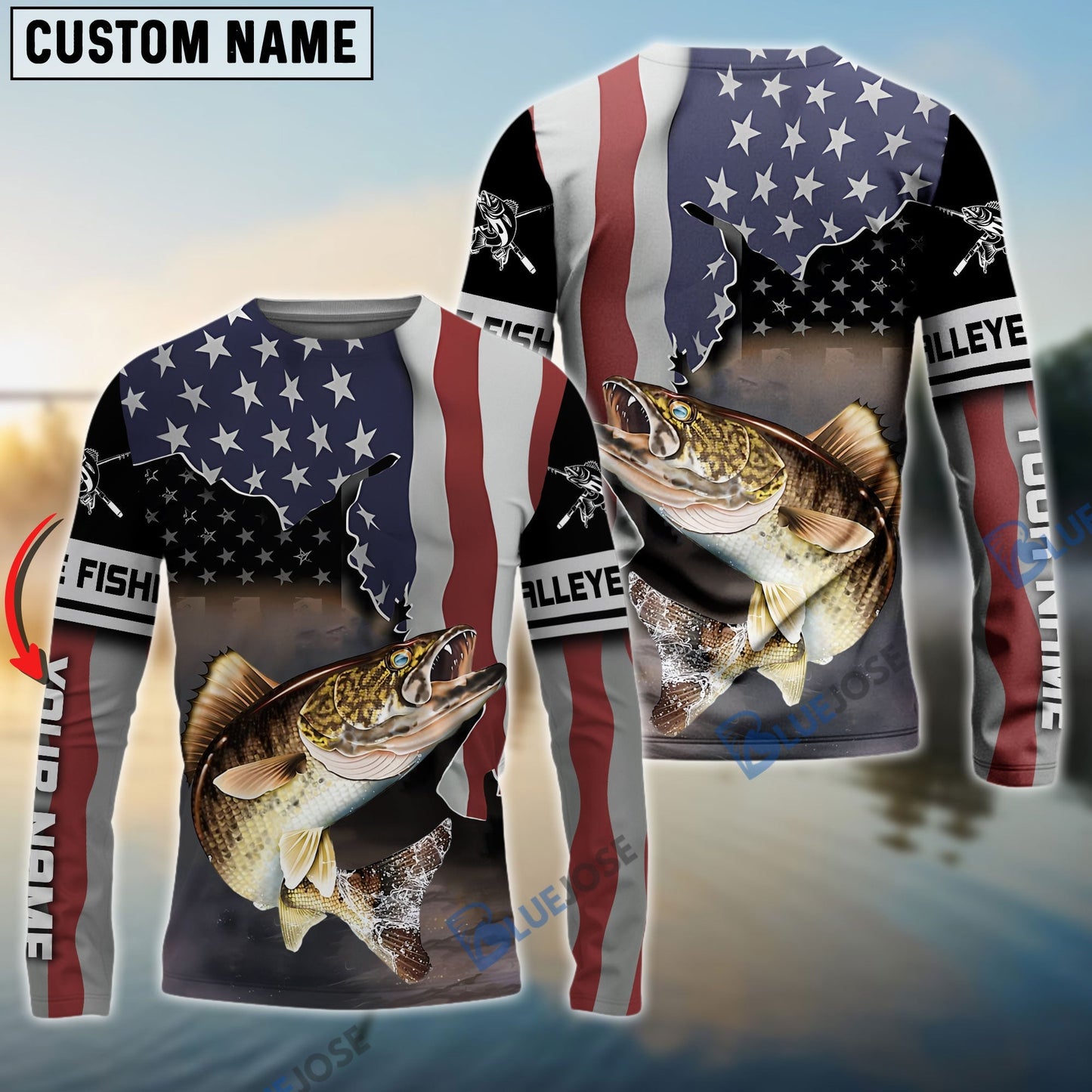 Frenzidea Walleye Fishing American Flag Fishing Long Sleeves