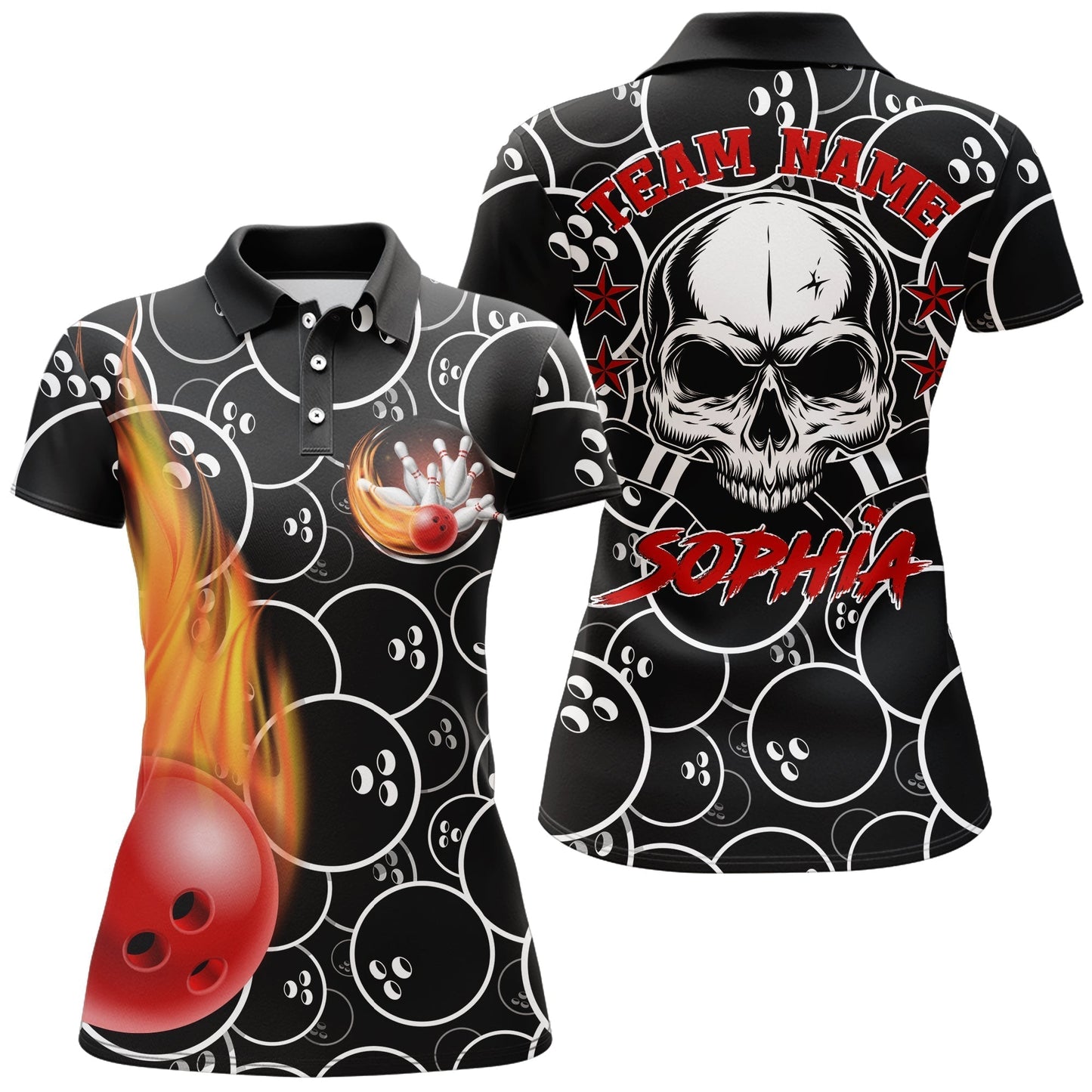 Frenzidea Cool Skull Pins Black Bowling Personalized All Over Printed Shirt For Women