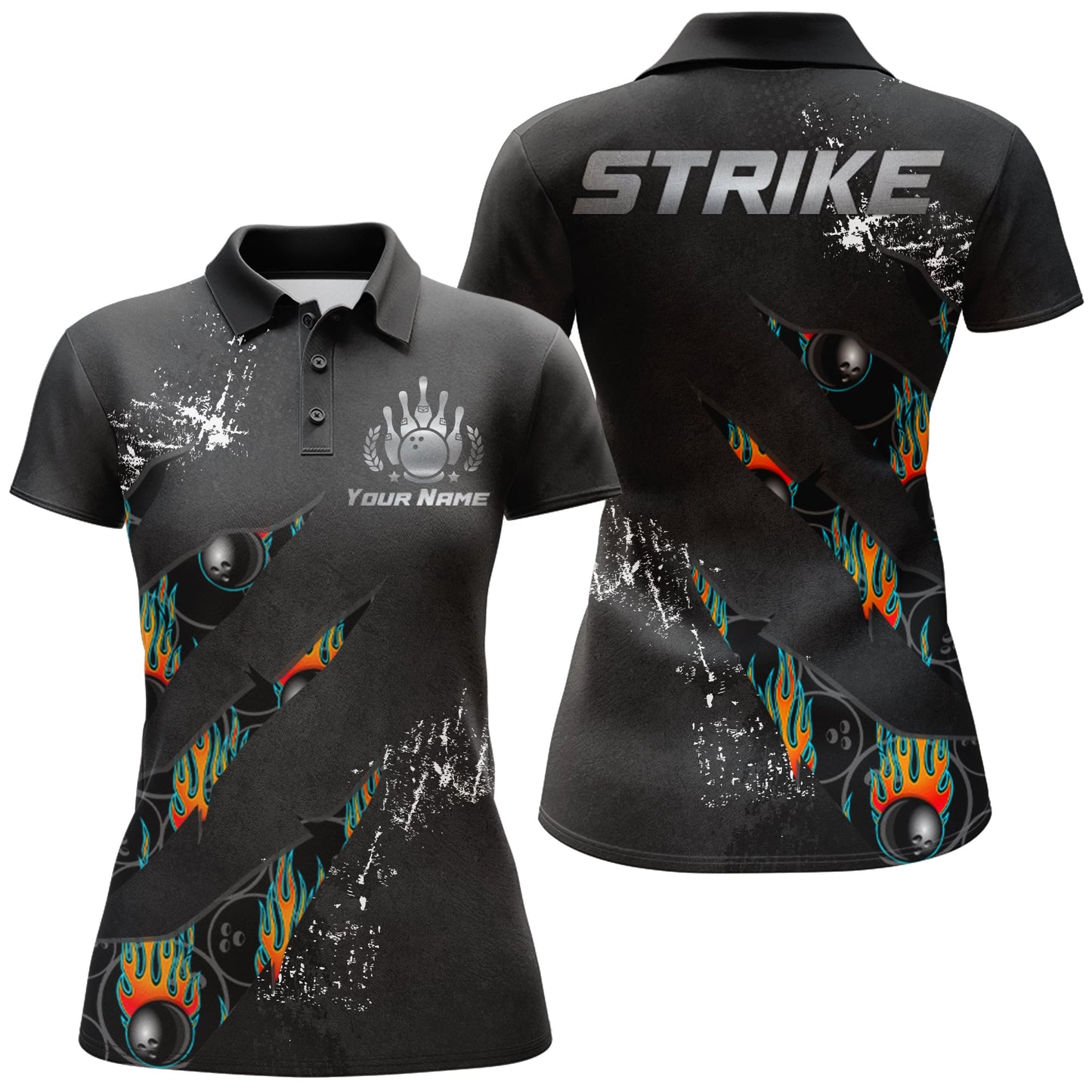 Frenzidea Black Bowling Strike Personalized All Over Printed Shirt For Women