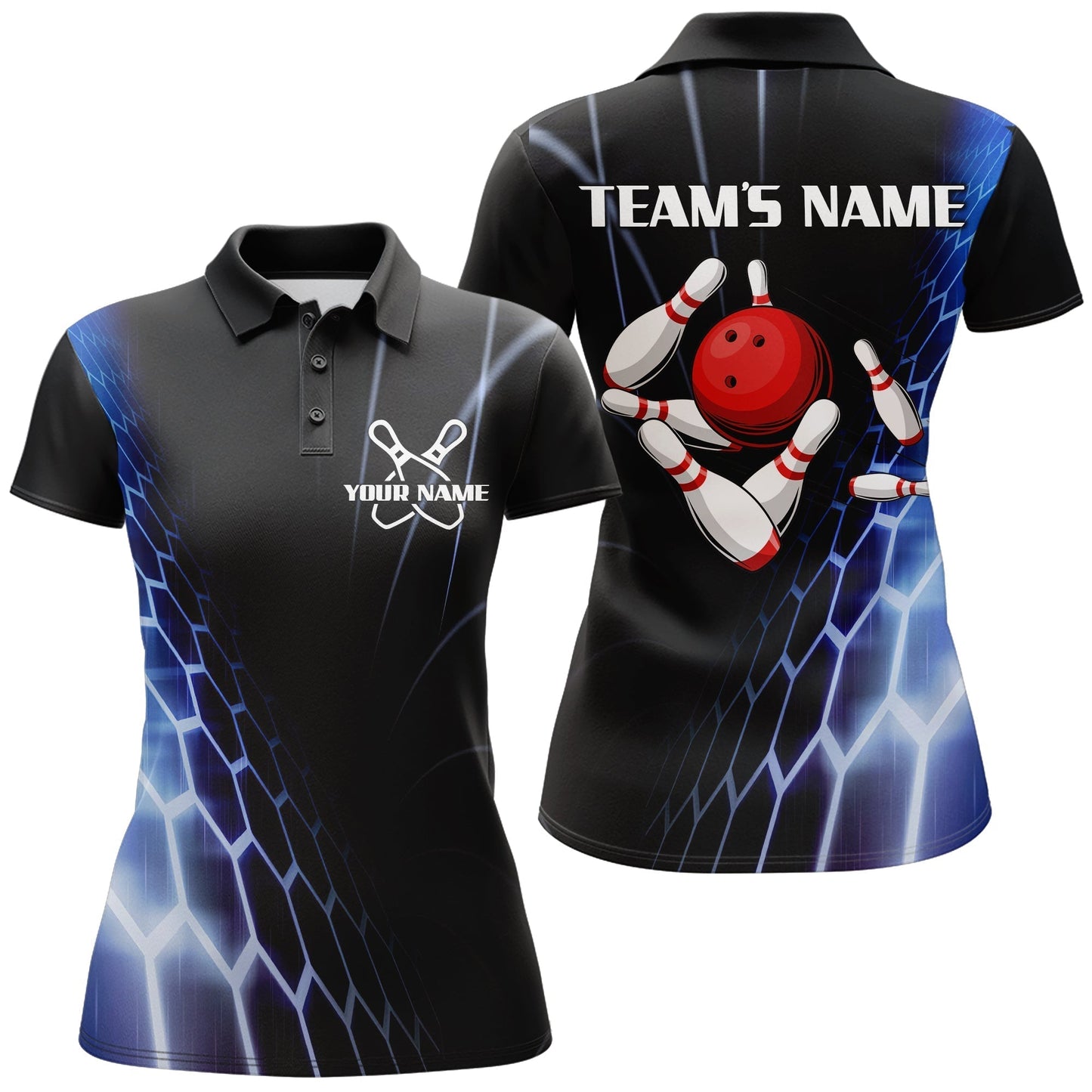 Frenzidea Black And Blue Vintage Bowling Hexagon Pattern Premium Customized Name 3D Shirt For Women