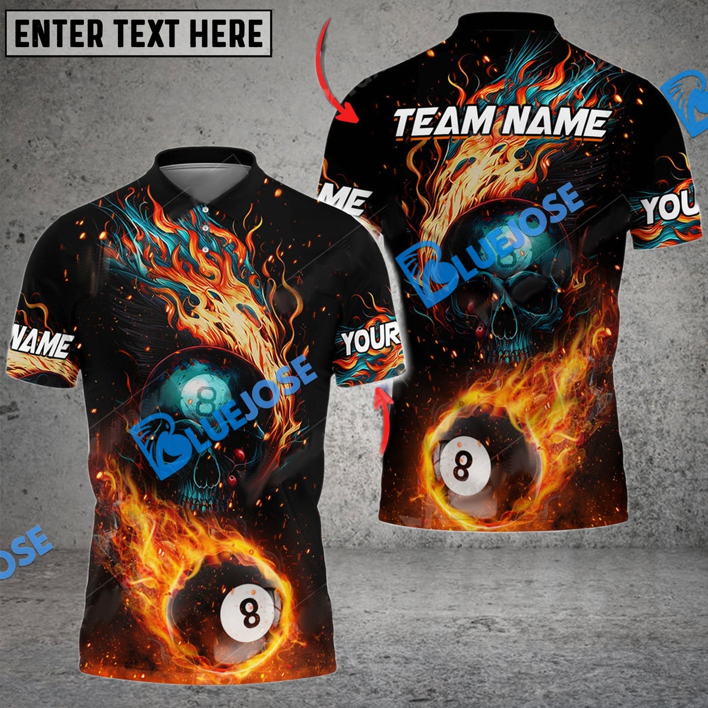 Frenzidea Billiard Ball 8 Hell Flame Skull Personalized Name, Team Name Unisex Shirt