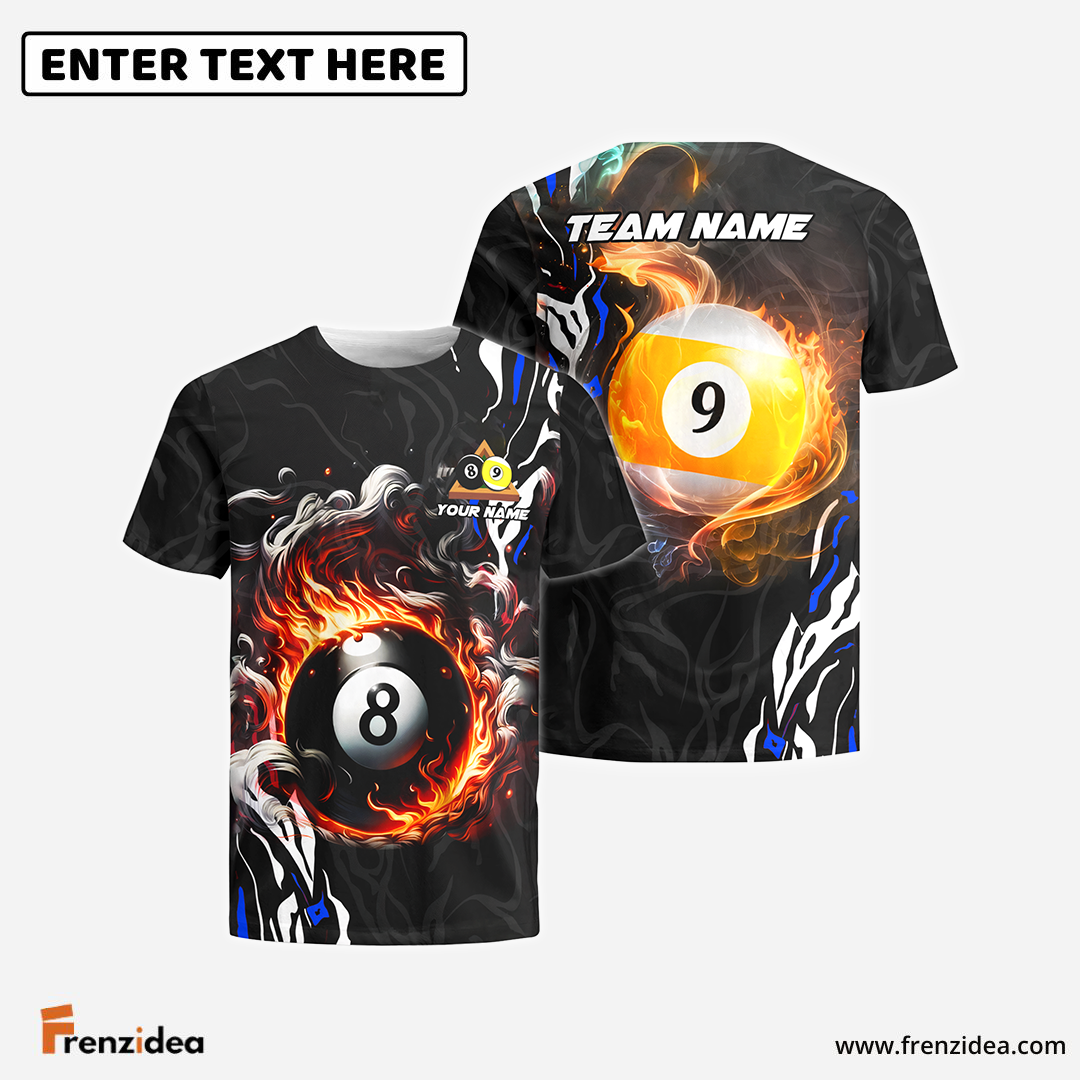 Frenzidea Billiards 8 Ball & 9 Ball Smoke Flame Personalized Name, Team Name Unisex Shirt ( 4 Colors )