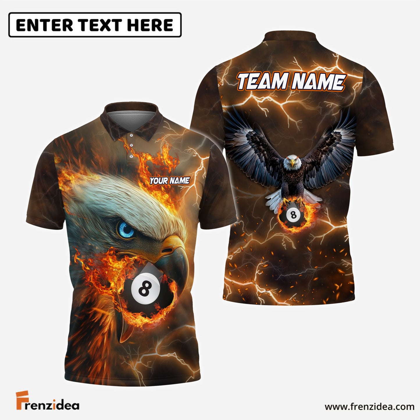 Frenzidea Billiards Ball 8 Hawk Fire Personalized Name, Team Name Unisex Shirt (4 Colors)