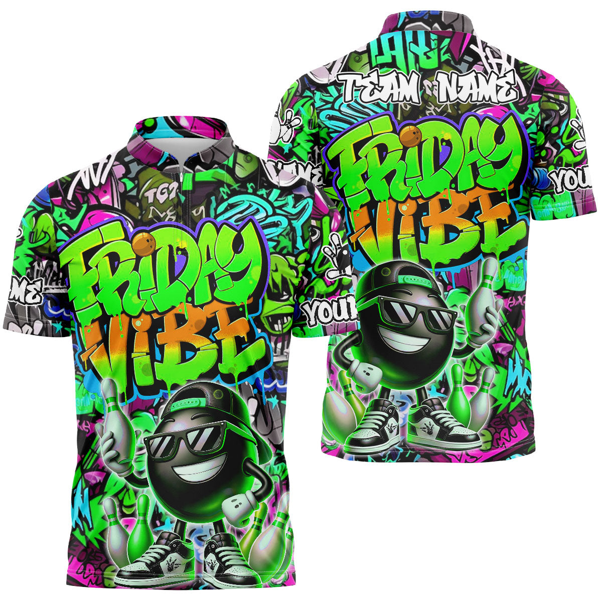 Frenzidea Bowling And Pins Friday Vibe Graffiti Street Style Customized Name, Team Name 3D Shirt (4 Colors)
