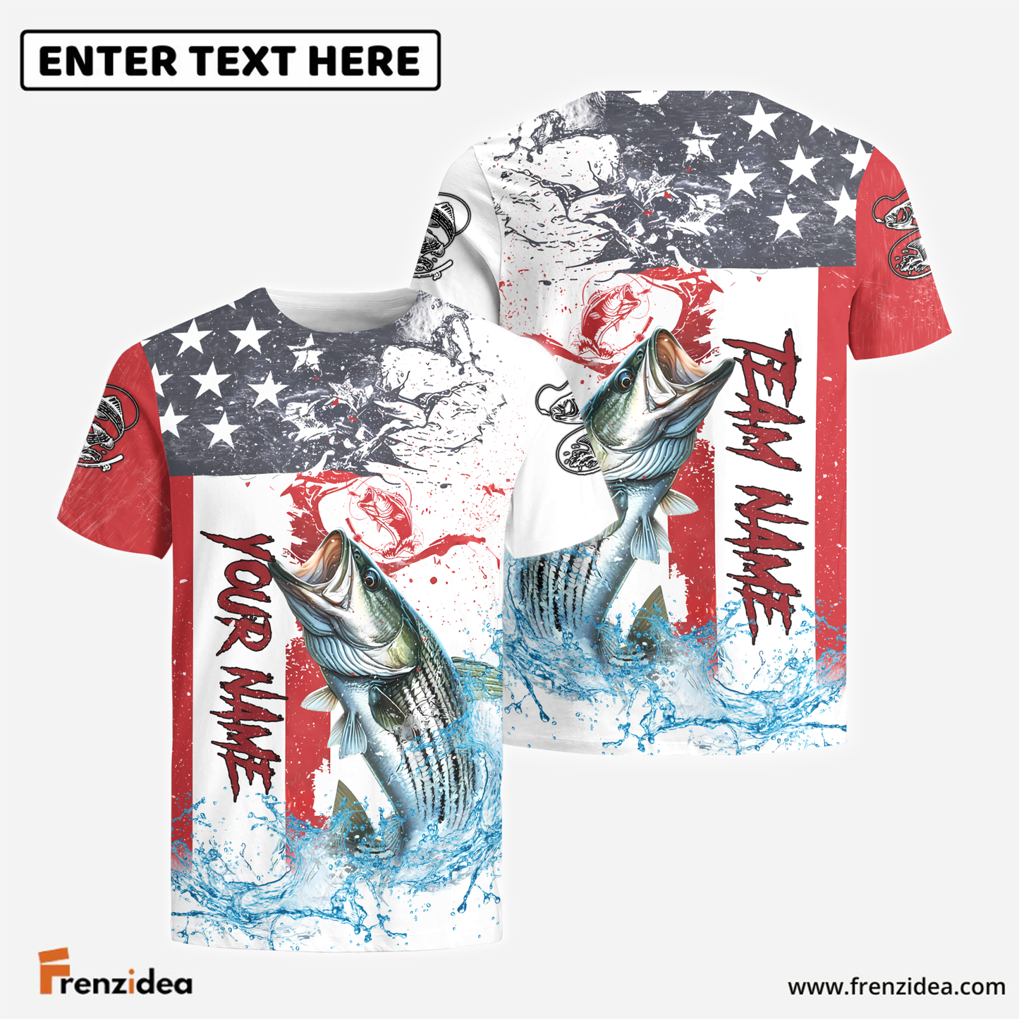 Frenzidea Striped Bass Fishing American Flag Red Blue Seawave Custom Name & Team Name 3D Shirts