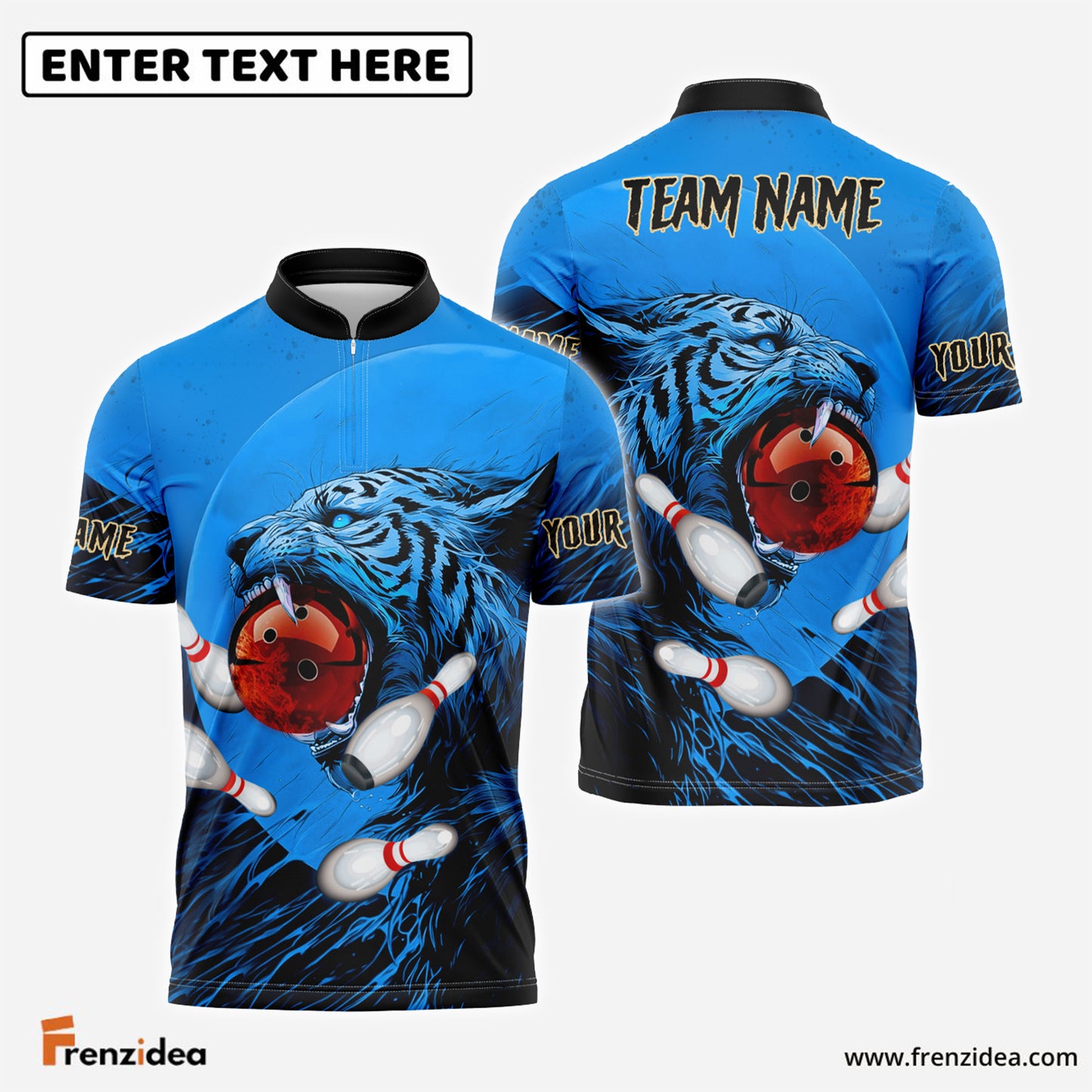 Frenzidea Tiger Bowling and Pins Personalized Name, Team Name 3D Shirt (4 Colors)