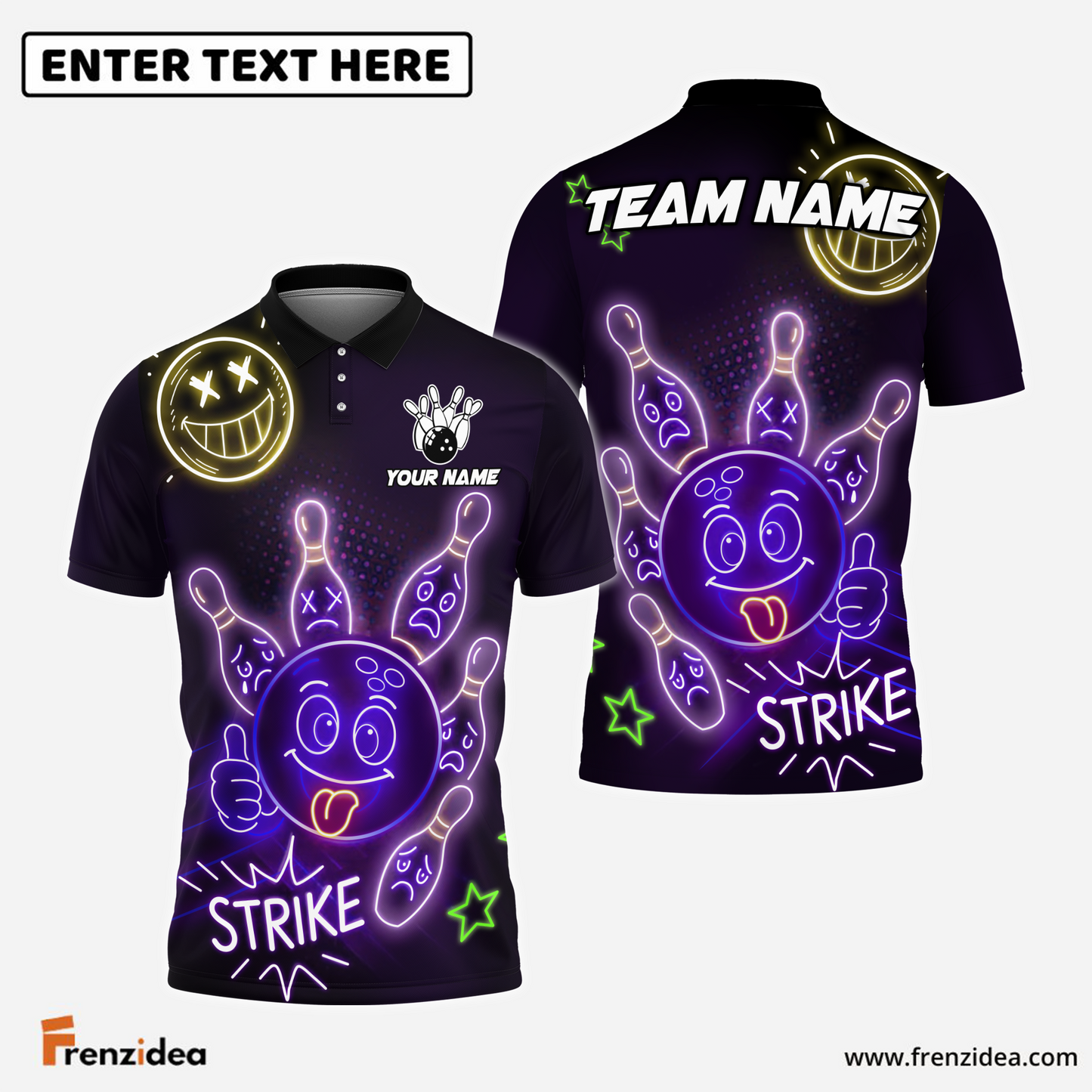 Frenzidea Bowling Neon Bowling Ball Strike Funny Customized Name, Team Name 3D Shirt (4 Colors)