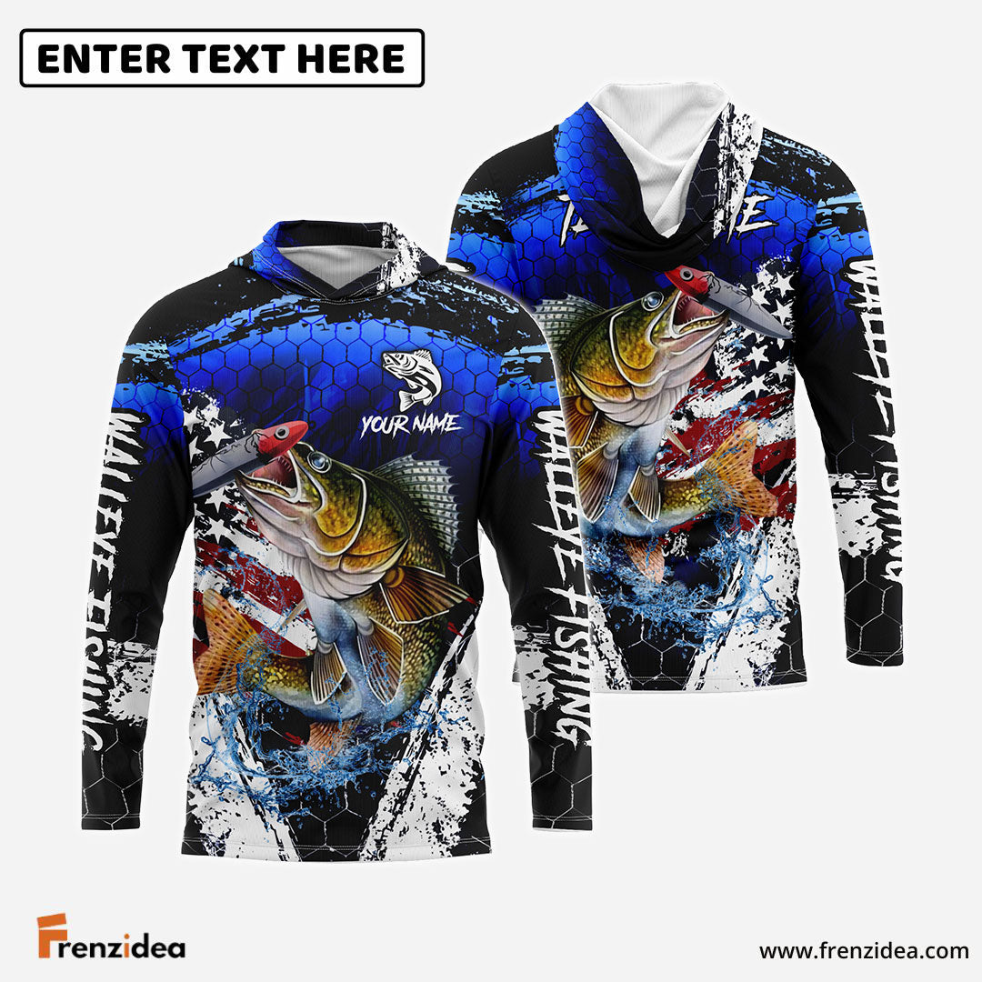 Frenzidea Walleye Fishing Dark Blue Scratch American Flag scratch Sport Custom Name & Team Name 3D Shirts