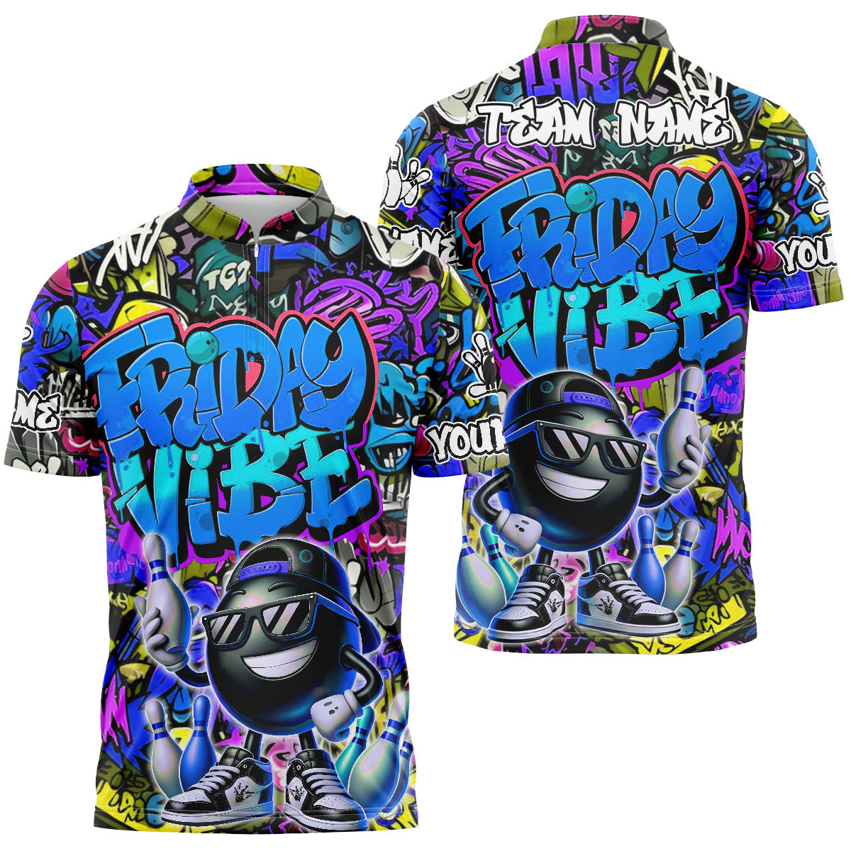 Frenzidea Bowling And Pins Friday Vibe Graffiti Street Style Customized Name, Team Name 3D Shirt (4 Colors)