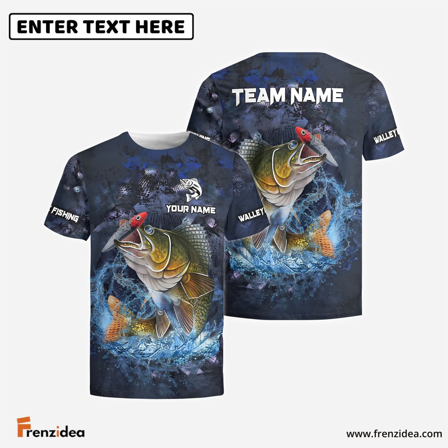 Frenzidea Walleye Fishing Dark Blue Camouflage Custom Name & Team Name 3D Shirts