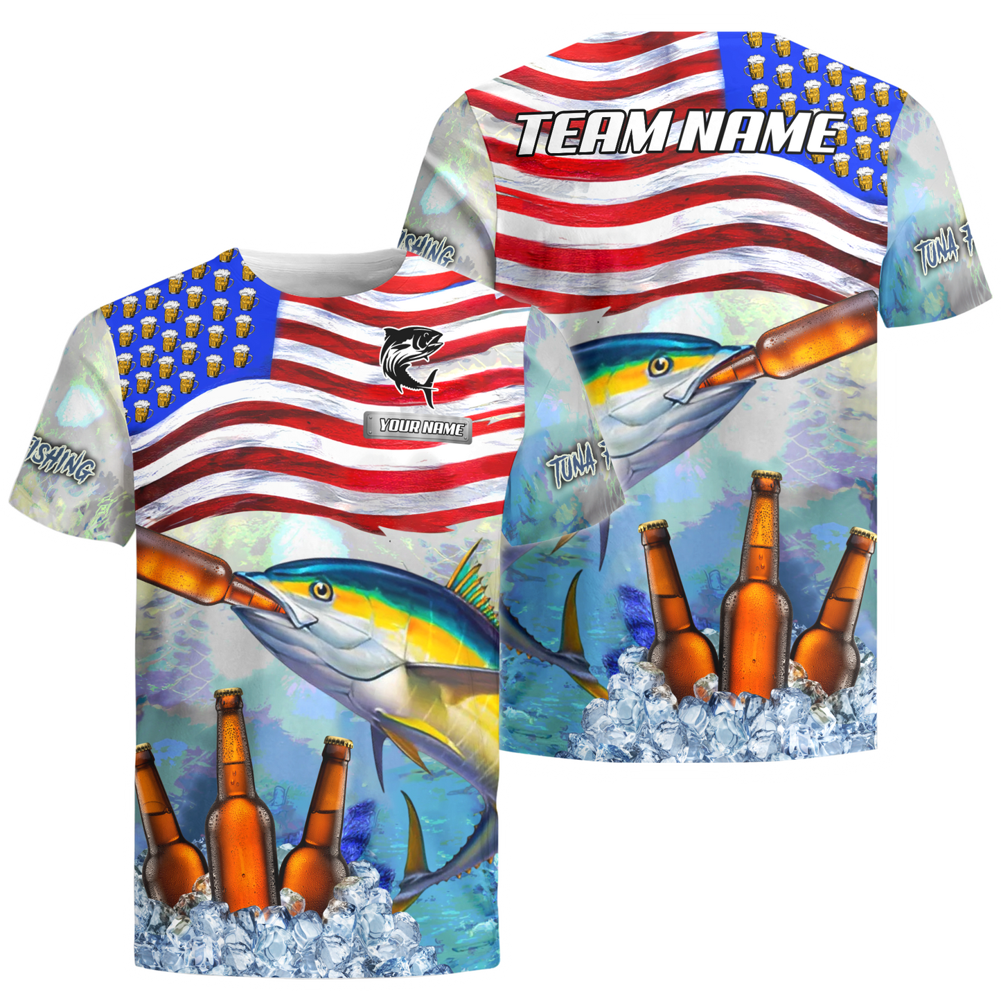 Frenzidea Tuna Fishing American Flag Beer Custom Name & Team Name 3D Shirts