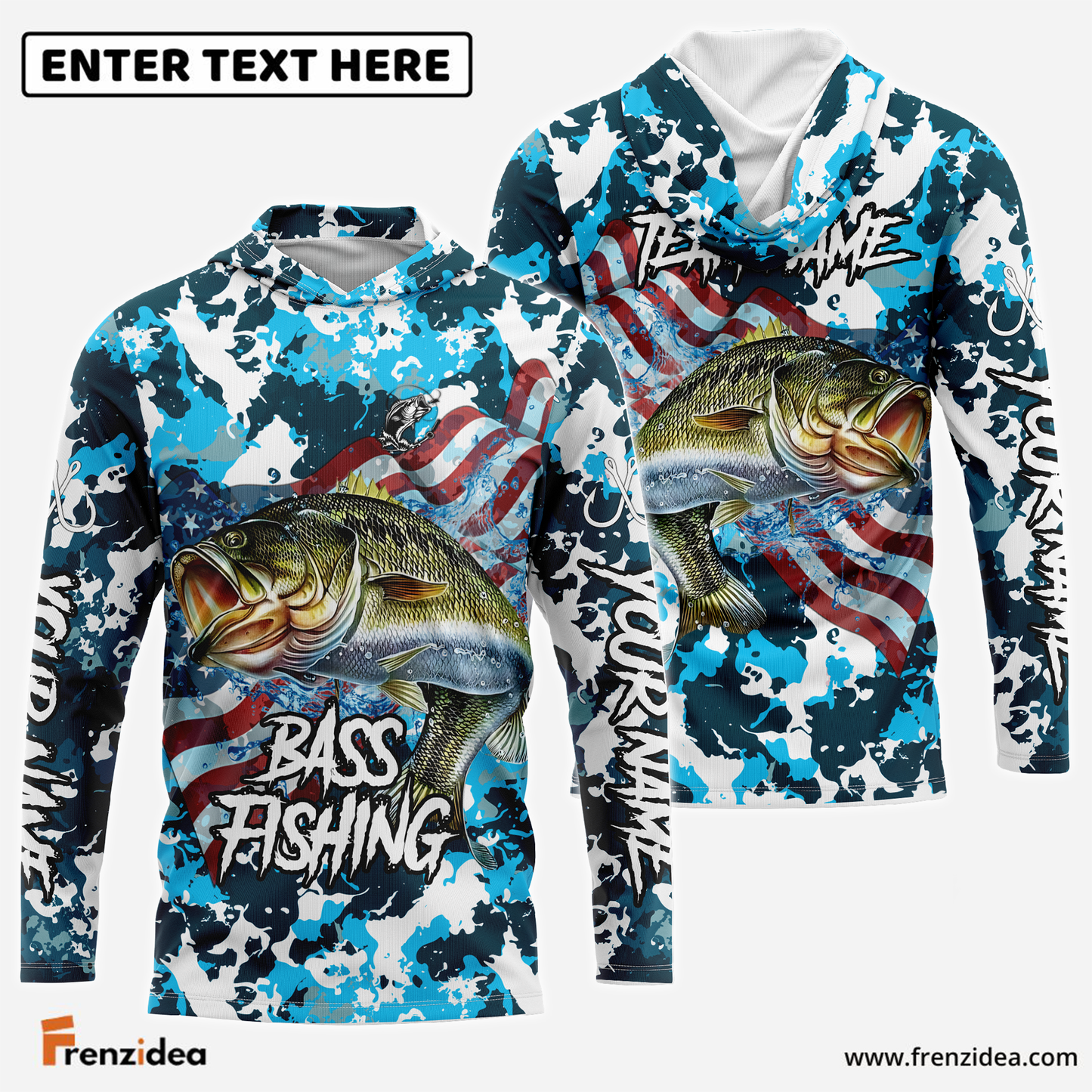 Frenzidea Bass Fishing American Flag Light Blue Camo Custom Name & Team Name 3D Shirts