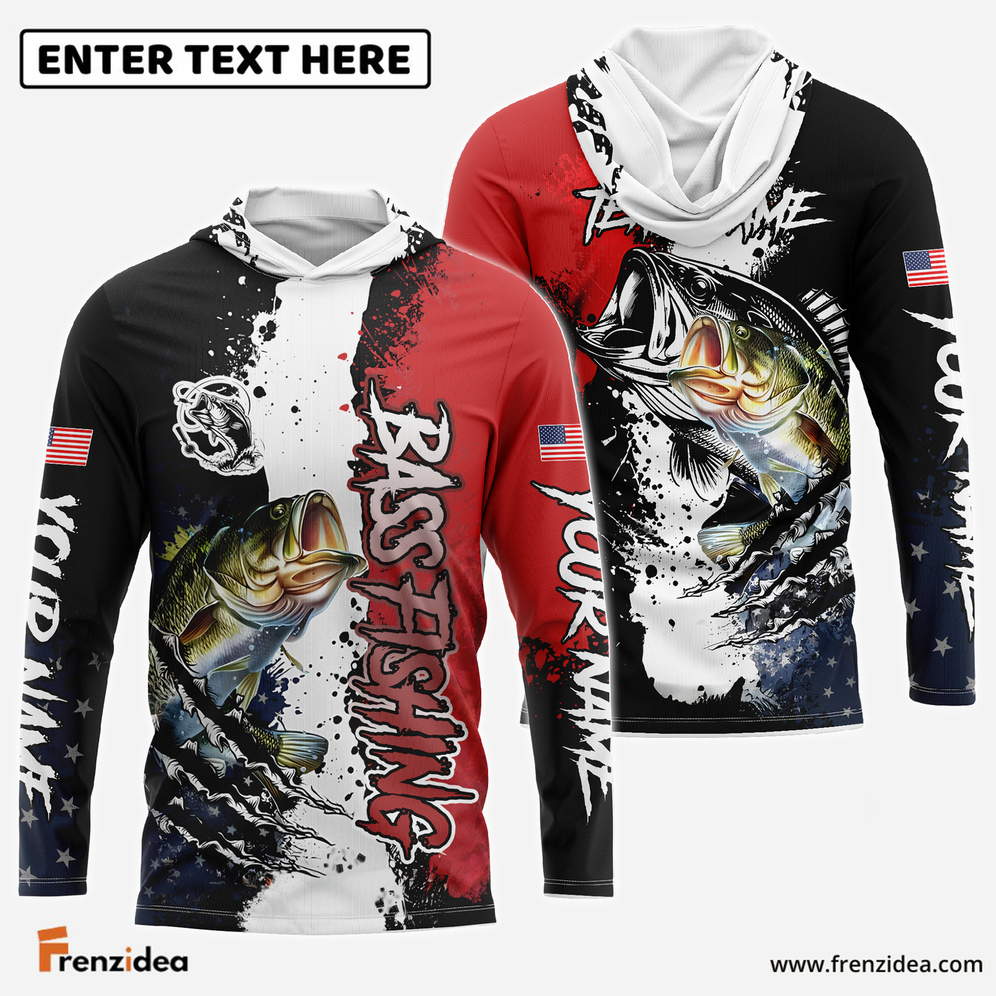 Frenzidea Bass Fishing Paint Scratch American Flag scratch Sport Custom Name & Team Name 3D Shirts