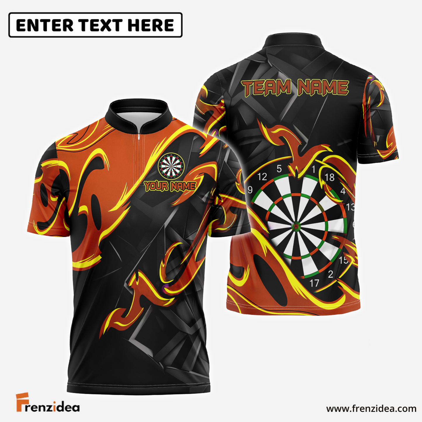 Frenzidea Darts Animated Fire Personalized Name, Team Name Shirt (4 Colors)