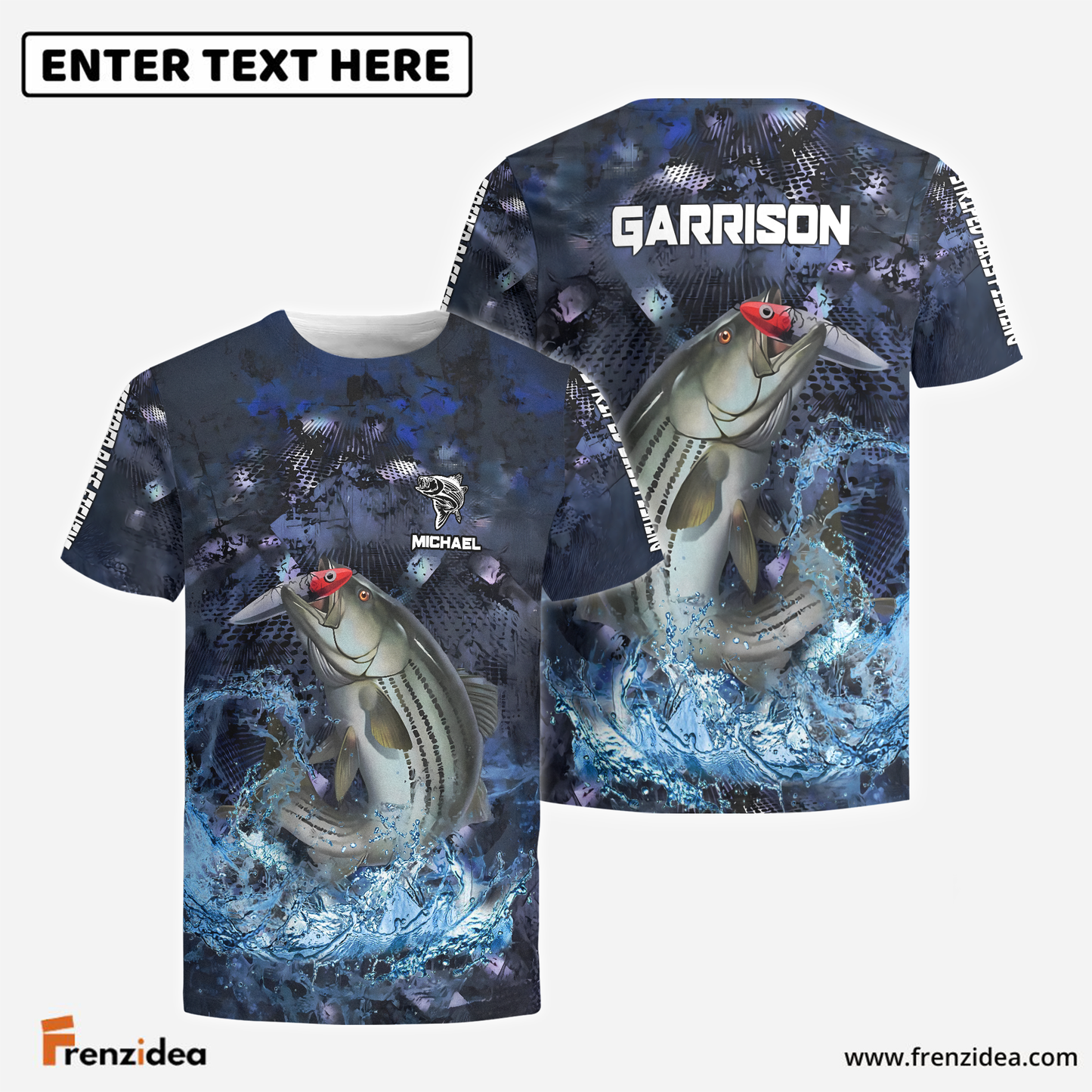 Frenzidea Striped Bass Fishing Dark Blue Camouflage Custom Name & Team Name 3D Shirts