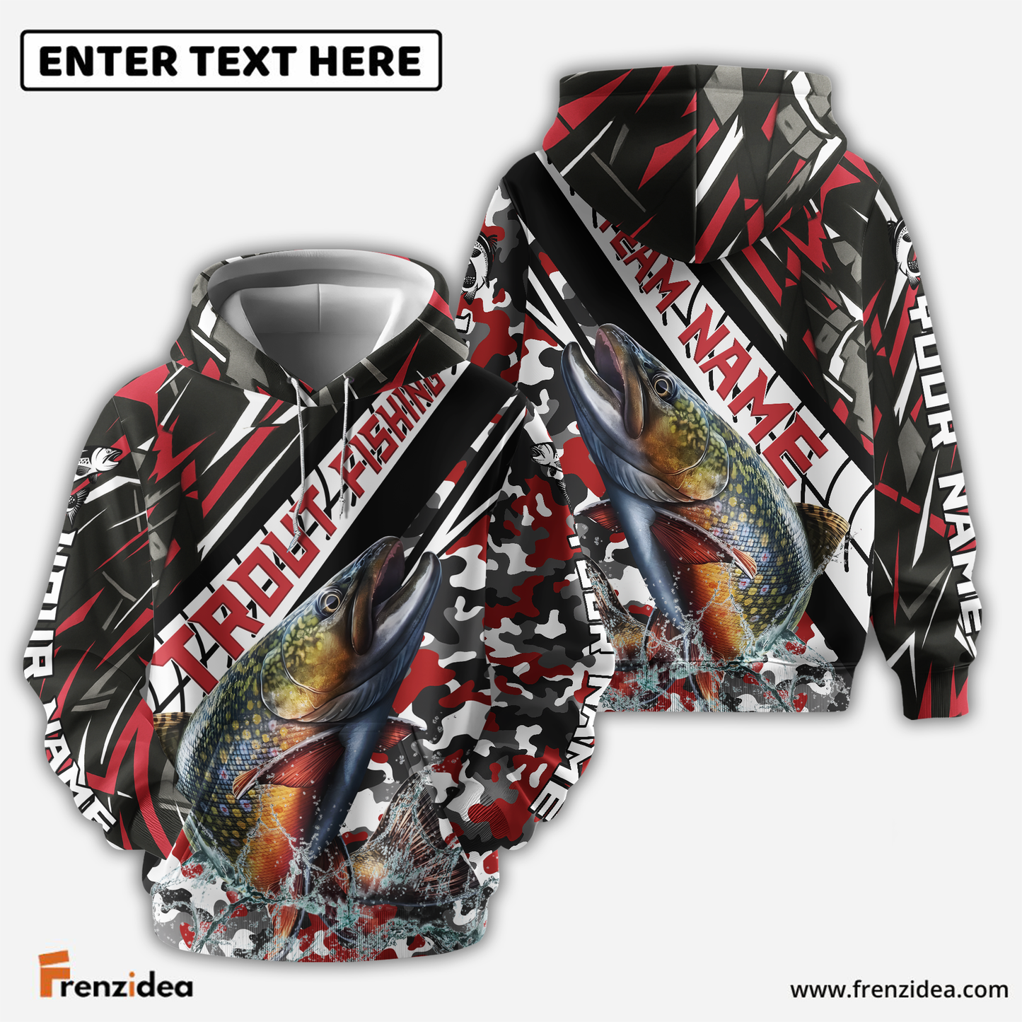 Frenzidea Trout Fishing Red Grunge Camo Custom Name & Team Name 3D Shirts