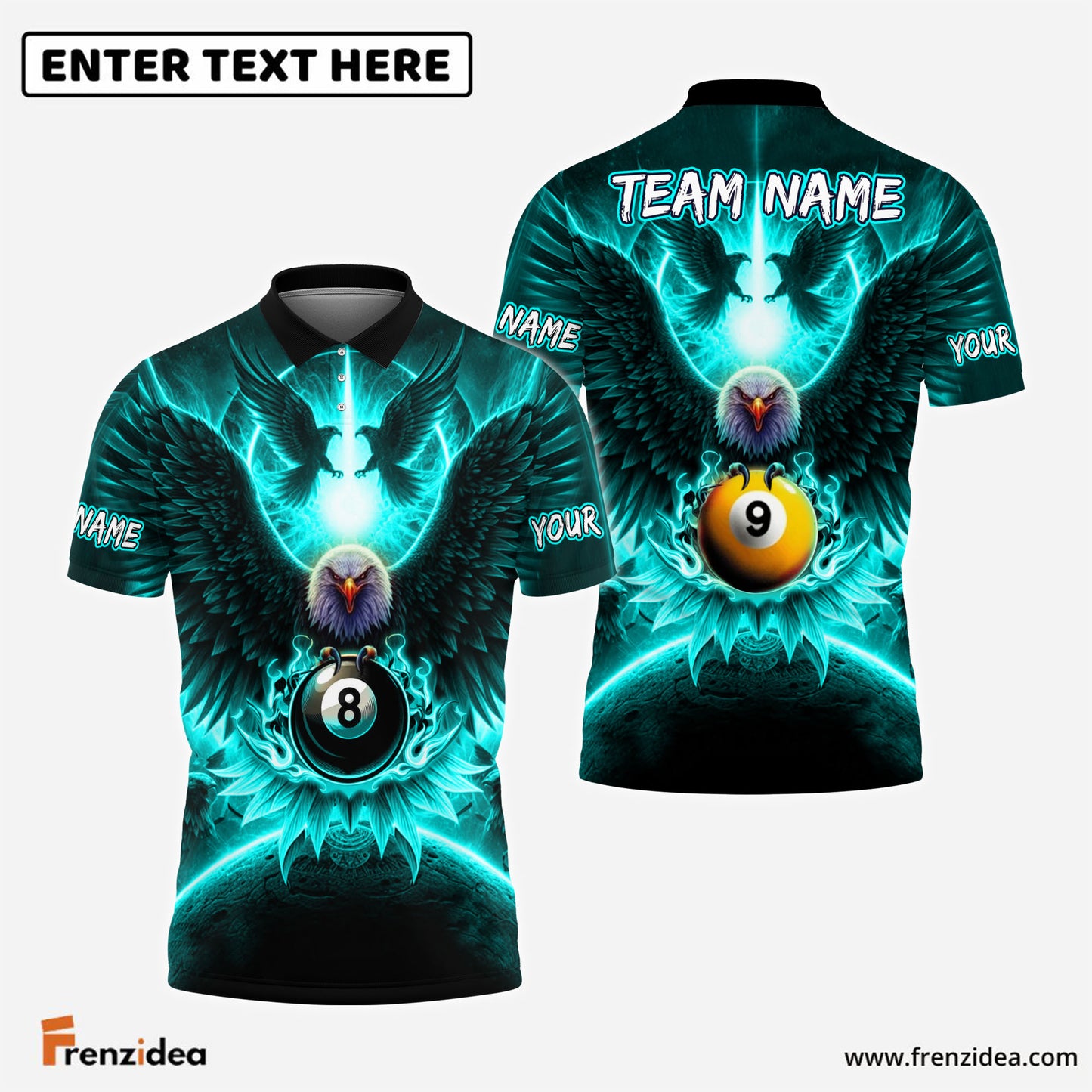 Frenzidea Billiards 8ball & 9ball Hawk Pattern Customized Name, Team Name 3D Shirts (4 Colors)