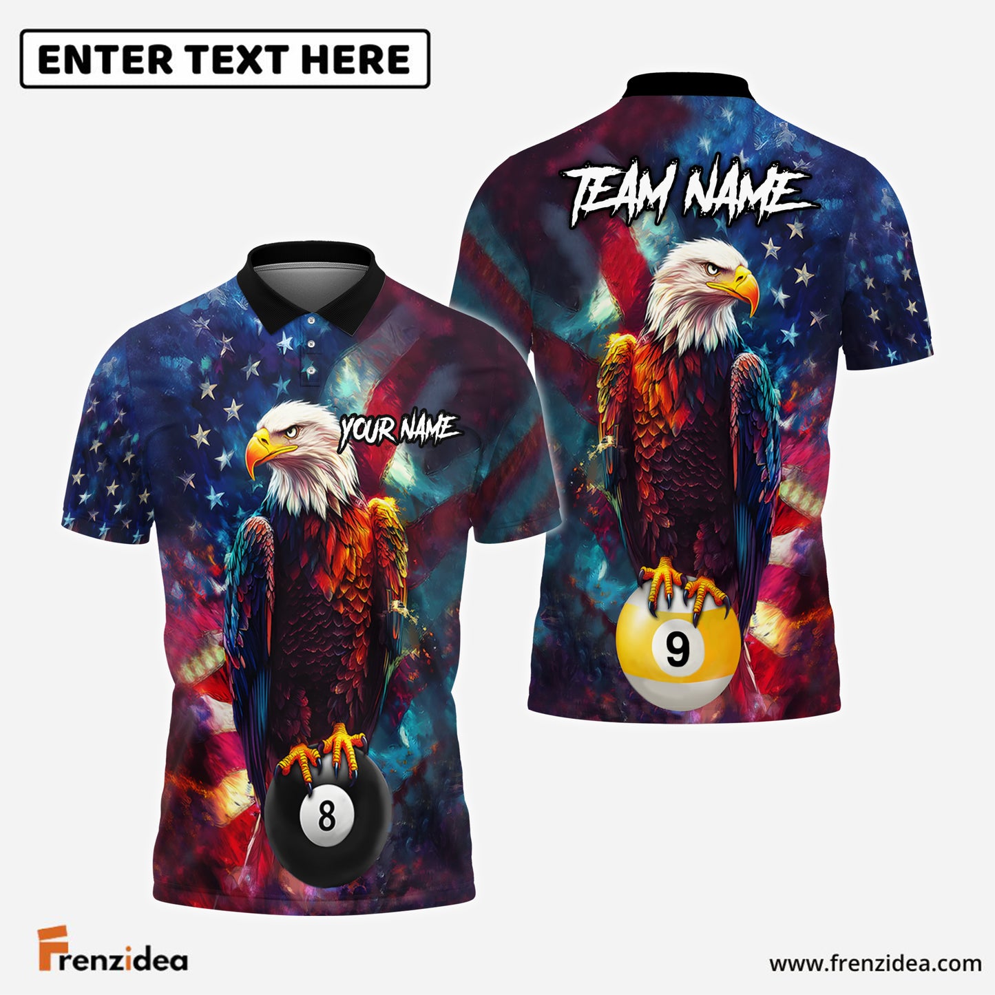 Frenzidea Billiards Patriot’s Pool 8 ball and 9 ball Customized Name, Team Name 3D Shirt