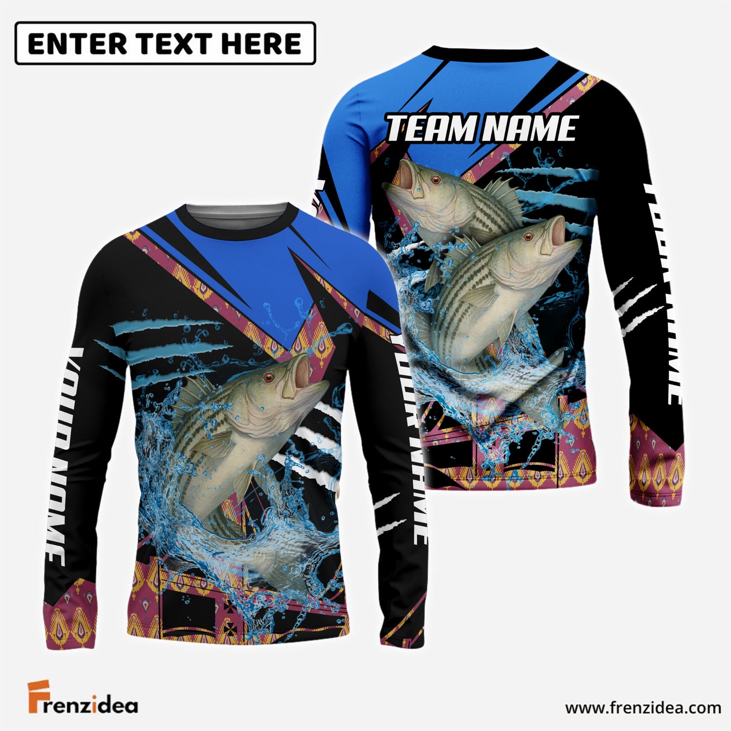 Frenzidea Striped Bass Fishing Blue Brocade Pattern Custom Name & Team Name 3D Shirts