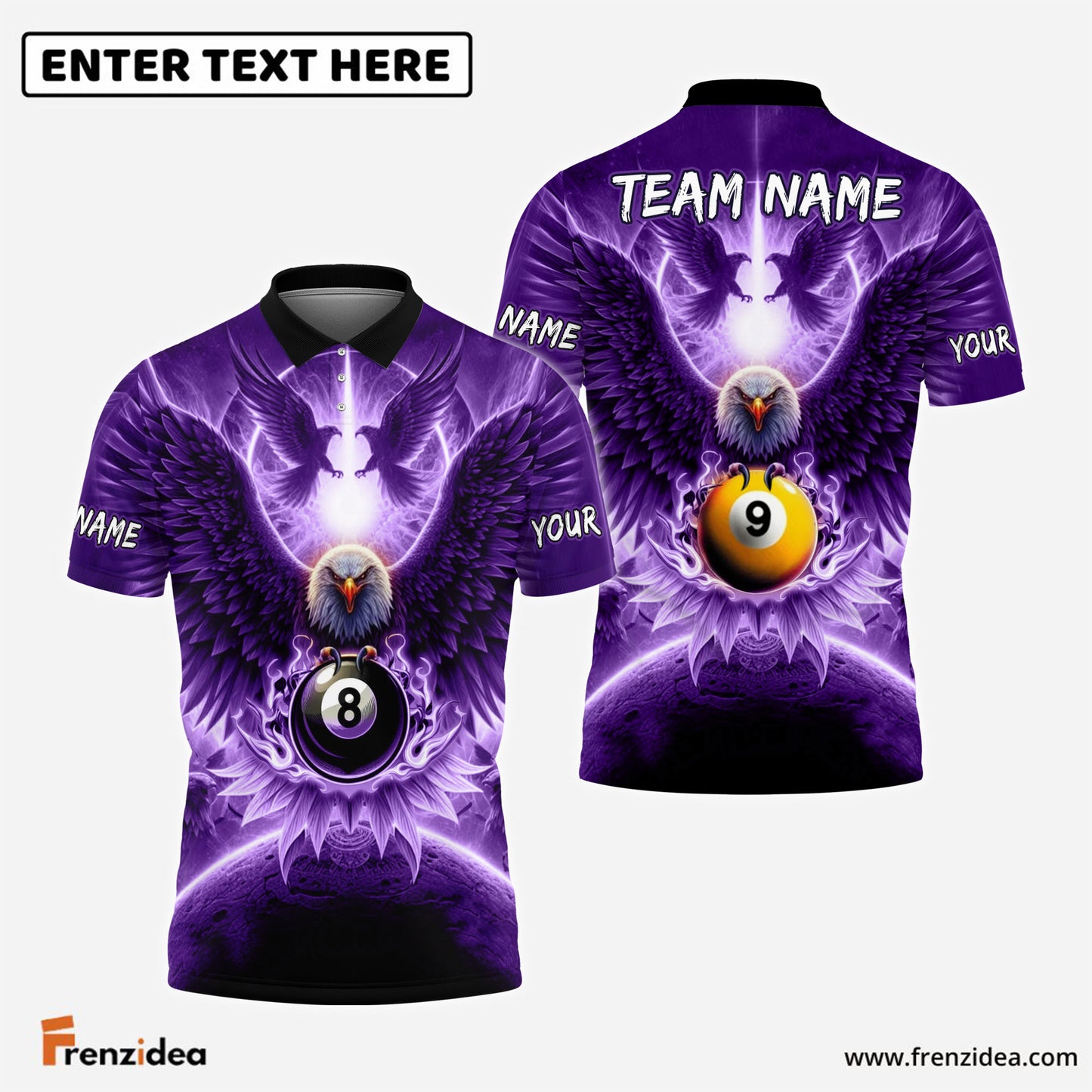 Frenzidea Billiards 8ball & 9ball Hawk Pattern Customized Name, Team Name 3D Shirts (4 Colors)