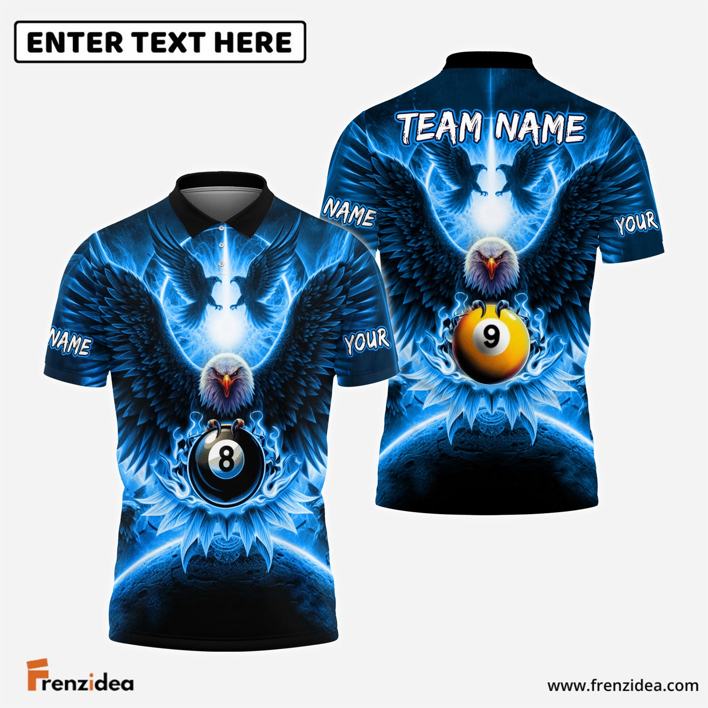Frenzidea Billiards 8ball & 9ball Hawk Pattern Customized Name, Team Name 3D Shirts (4 Colors)