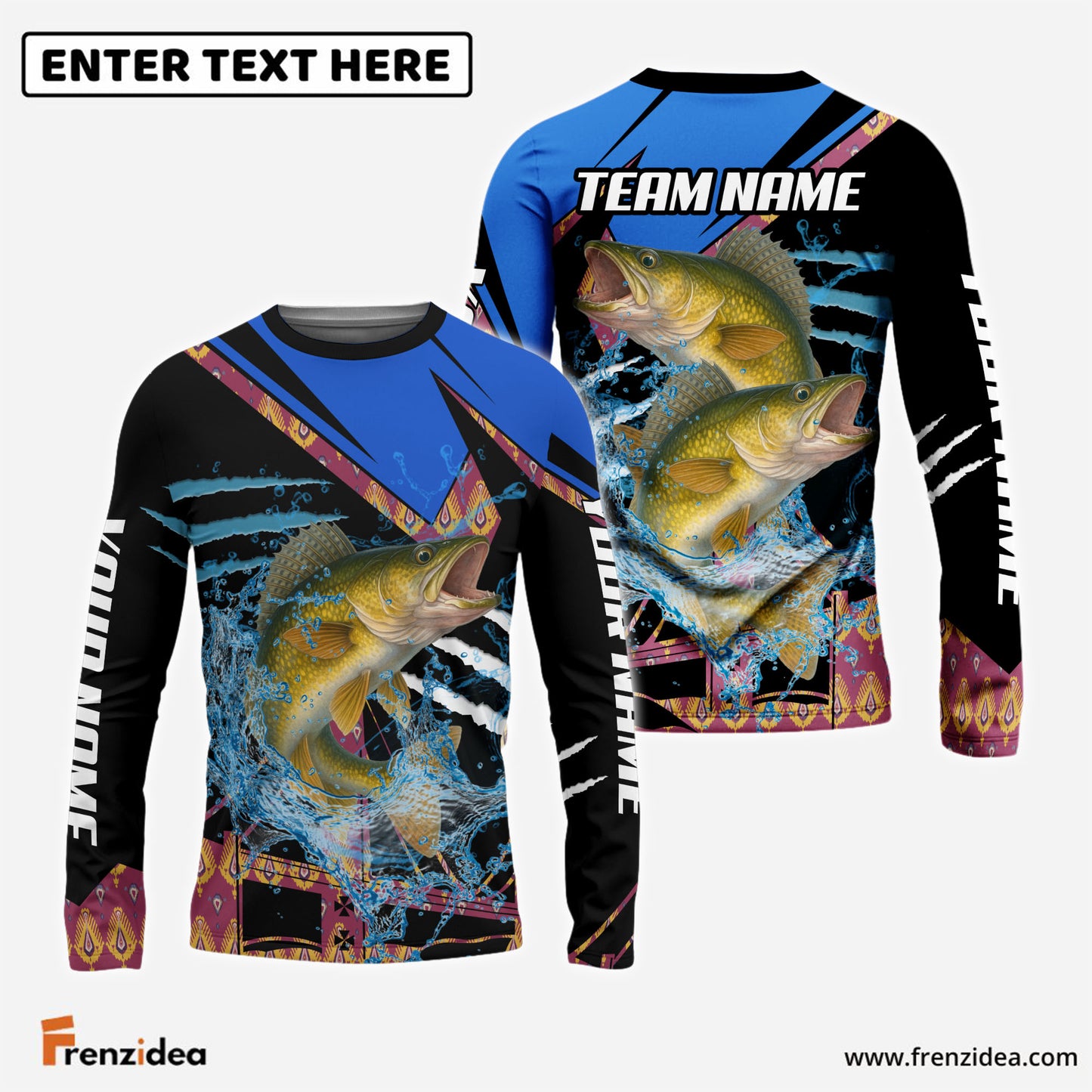 Frenzidea Walleye Fishing Blue Brocade Pattern Custom Name & Team Name 3D Shirts