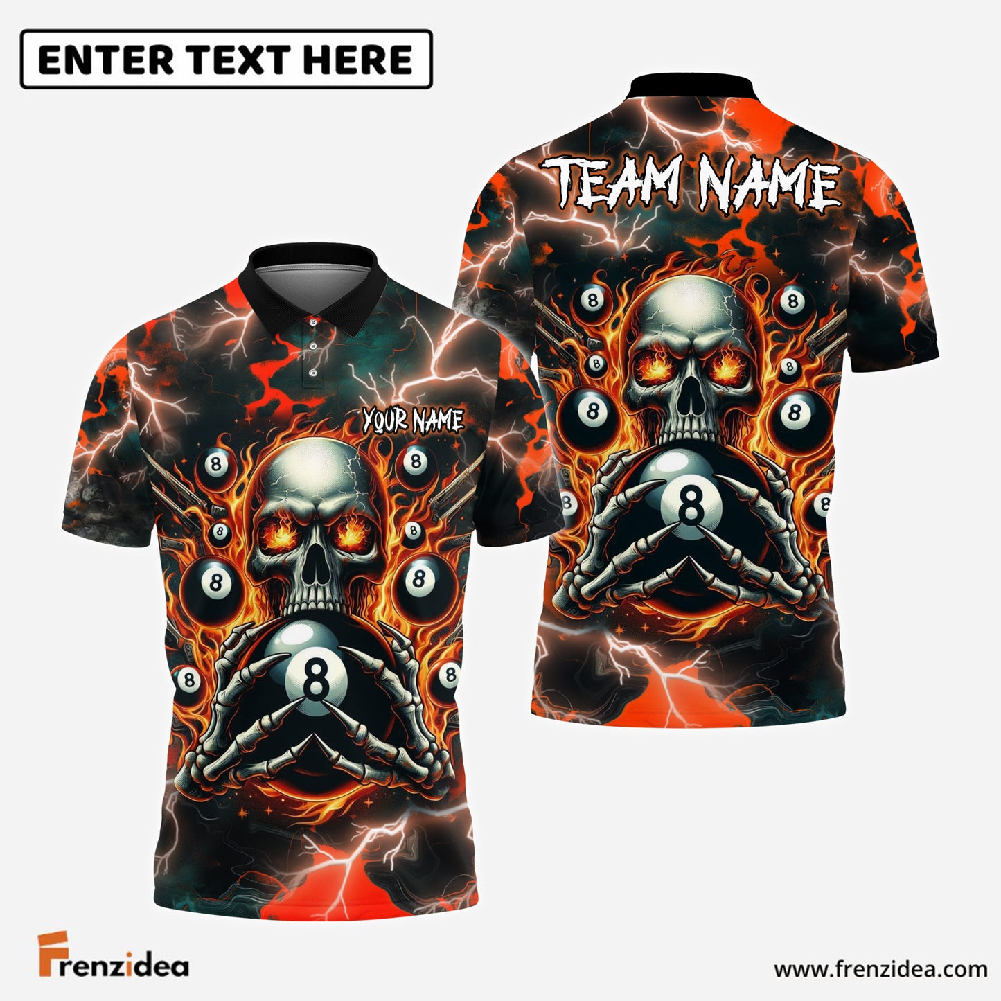 Frenzidea Billiards Ball 8 Pool Skull Fire Thunder Personalized Name 3D Shirt