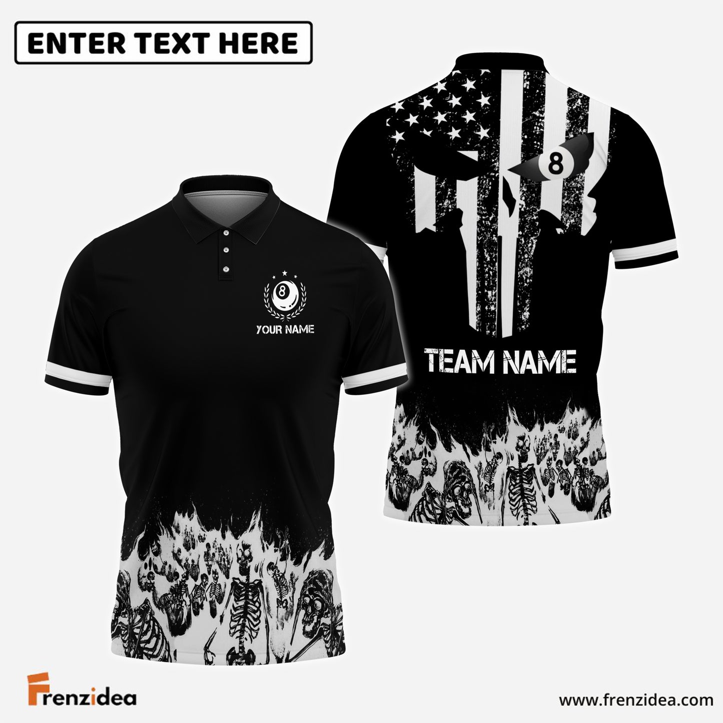 Frenzidea Billiards Skull Skeletons Personalized Name, Team Name Shirt