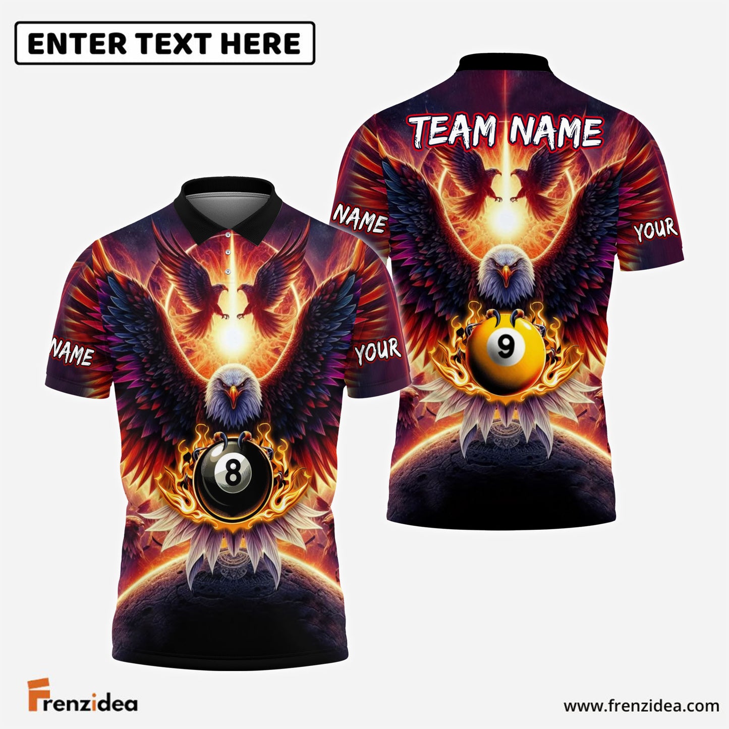 Frenzidea Billiards 8ball & 9ball Hawk Pattern Customized Name, Team Name 3D Shirts (4 Colors)