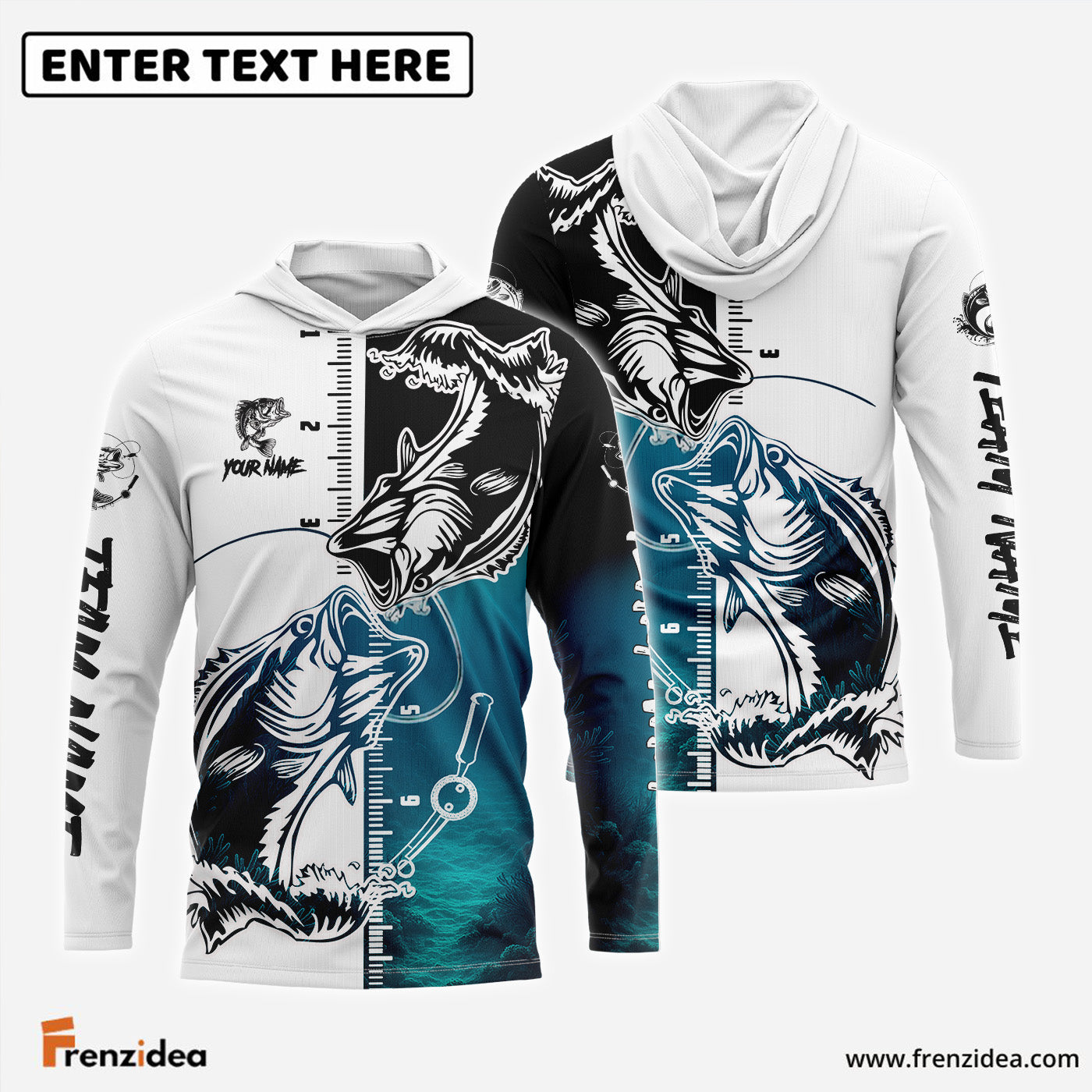 Frenzidea Bass Fishing White Blue Water Custom Name & Team Name 3D Shirts