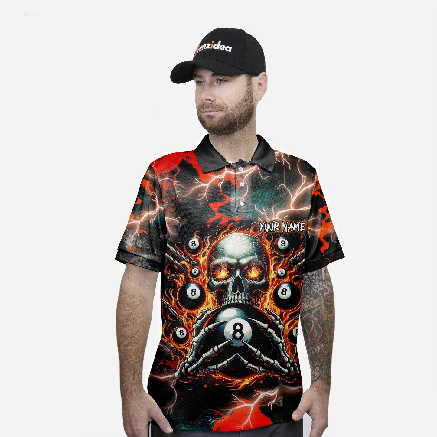 Frenzidea Billiards Ball 8 Pool Skull Fire Thunder Personalized Name 3D Shirt