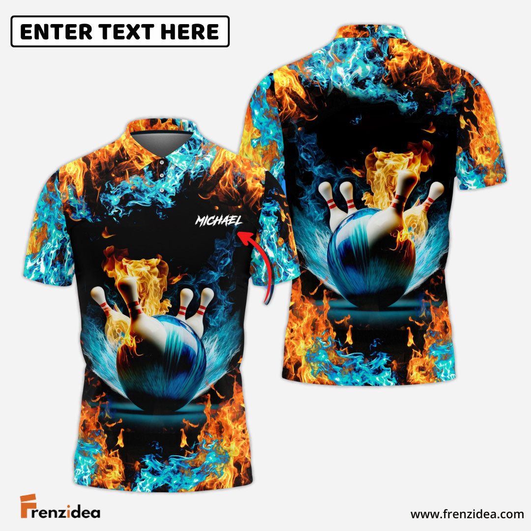 Frenzidea Blue Bowling Ball And Pins On Fire Customized Name 3D Shirt