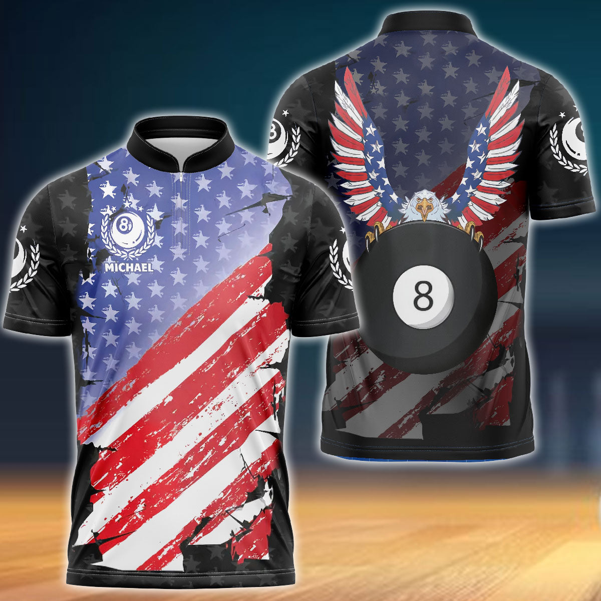 Frenzidea Ball 8 Eagle USA Flag Billiard Custom Name Zipper Polo Shirt