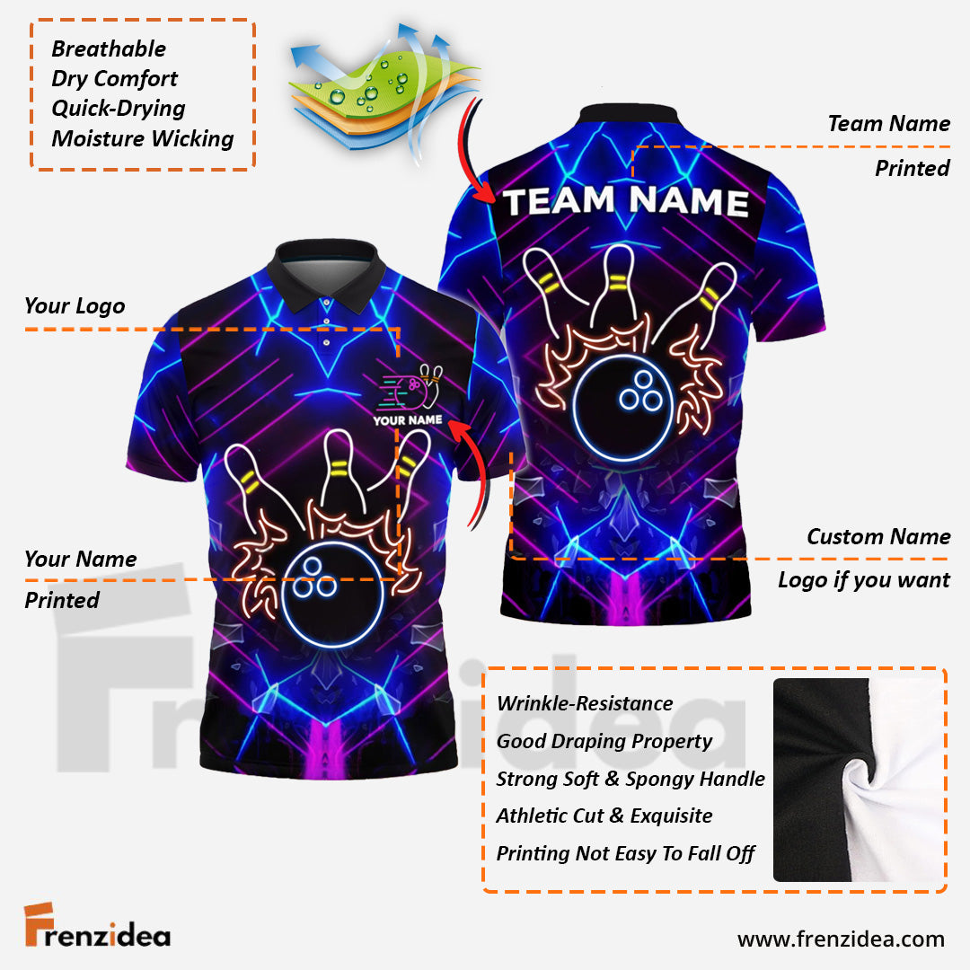 Frenzidea Bowling And Pins Neon Light Style Customized Name, Team Name 3D Shirt