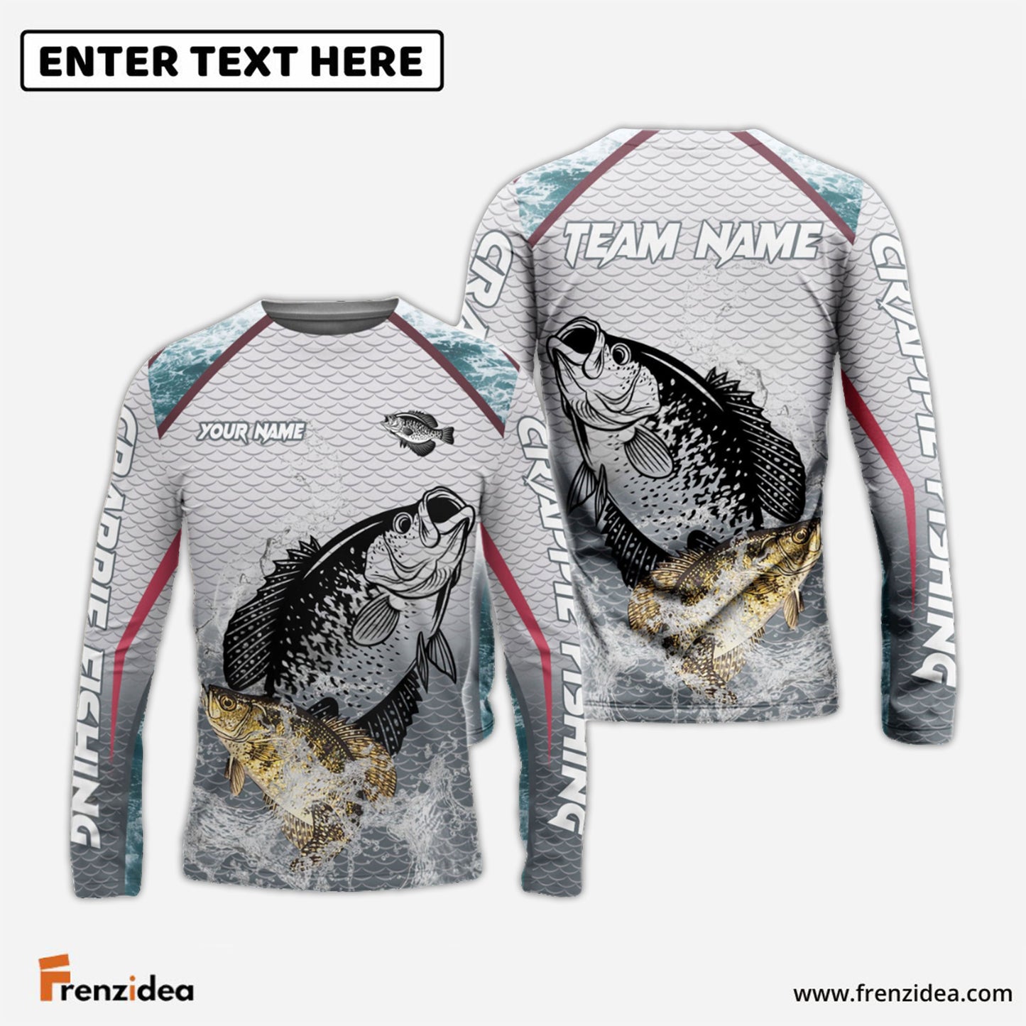 Frenzidea Crappie Fishing White Fin Water Silhouette Sport Custom Name & Team Name 3D Shirts
