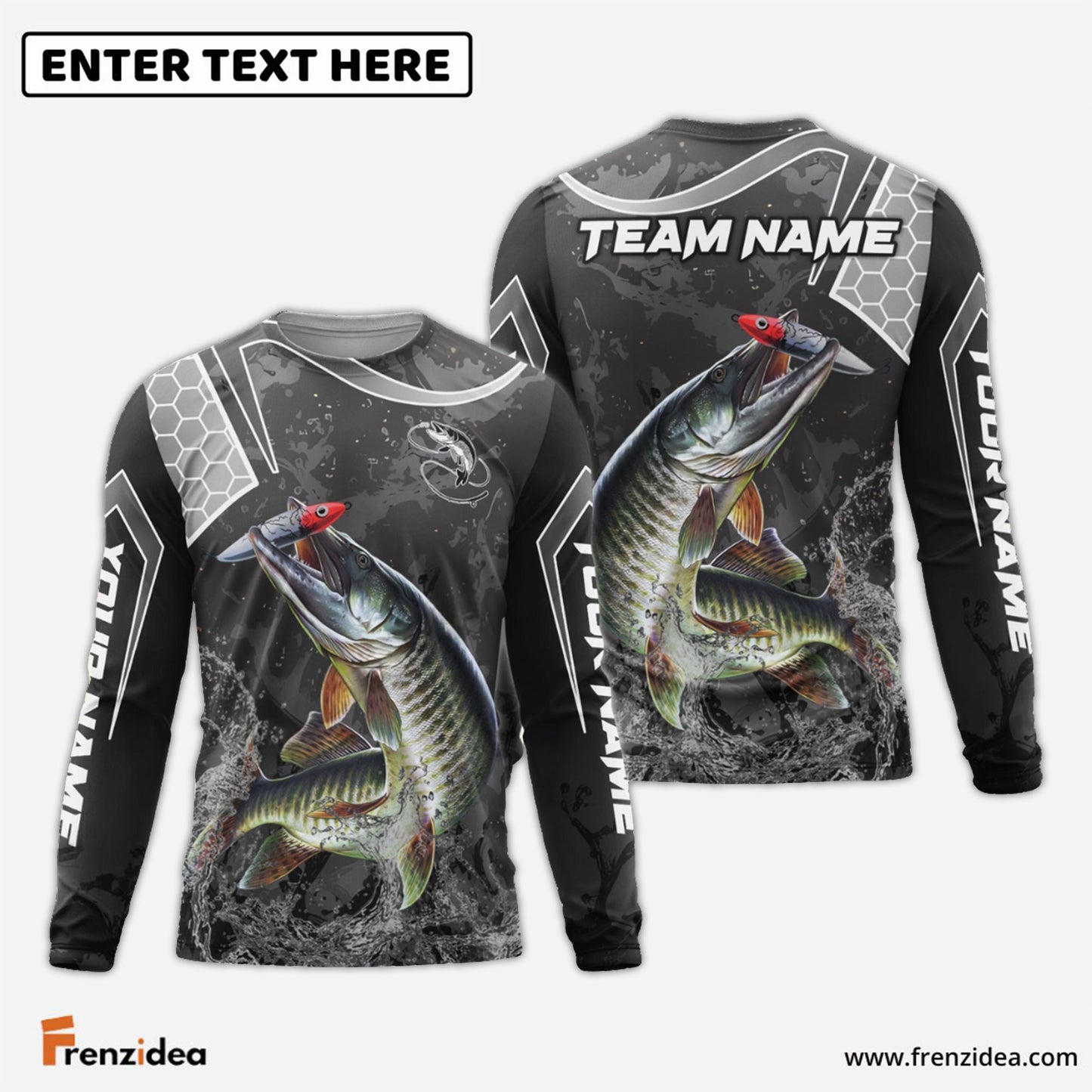 Frenzidea Musky Fishing Gray Camo Sport Custom Name & Team Name 3D Shirts