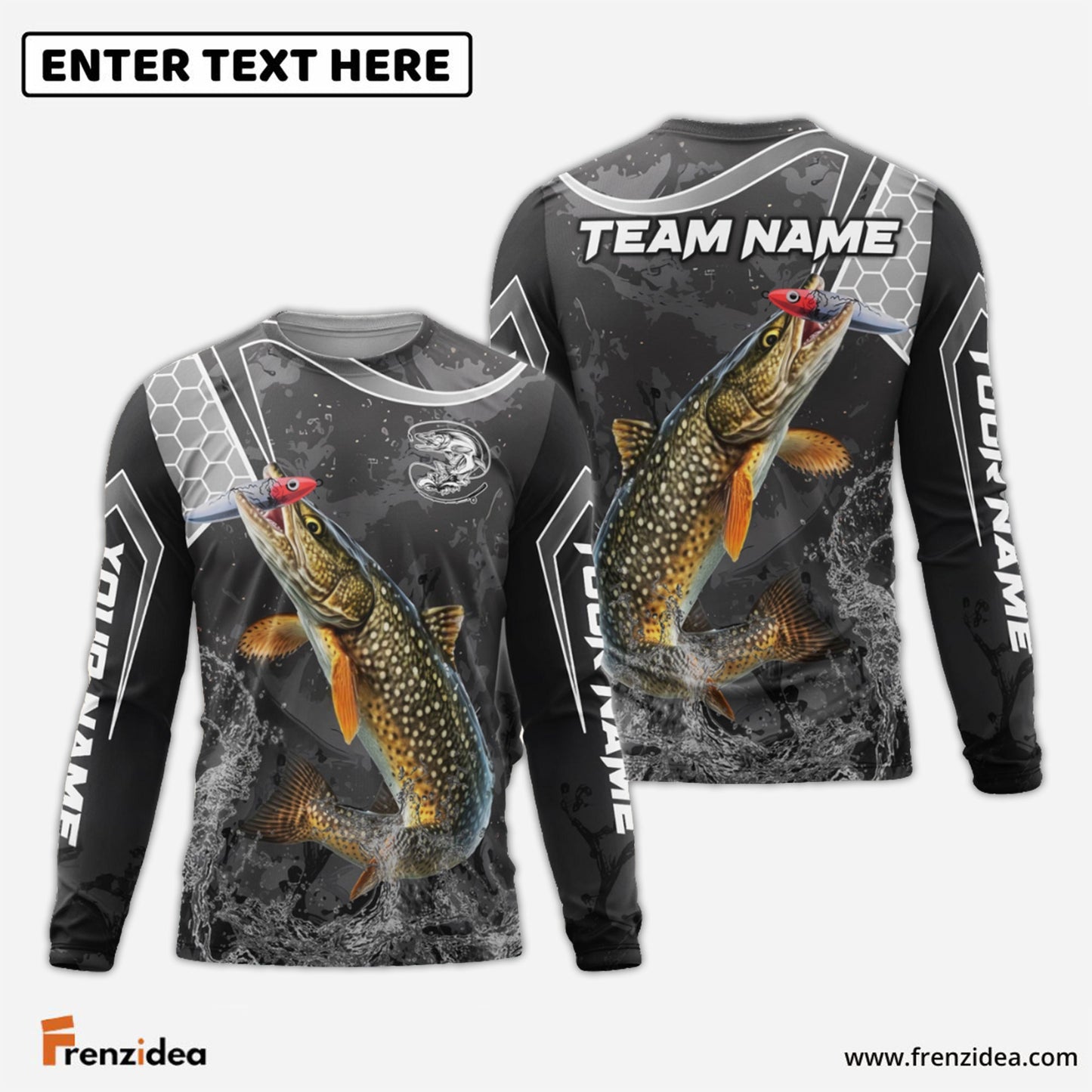 Frenzidea Pike Fishing Gray Camo Sport Custom Name & Team Name 3D Shirts