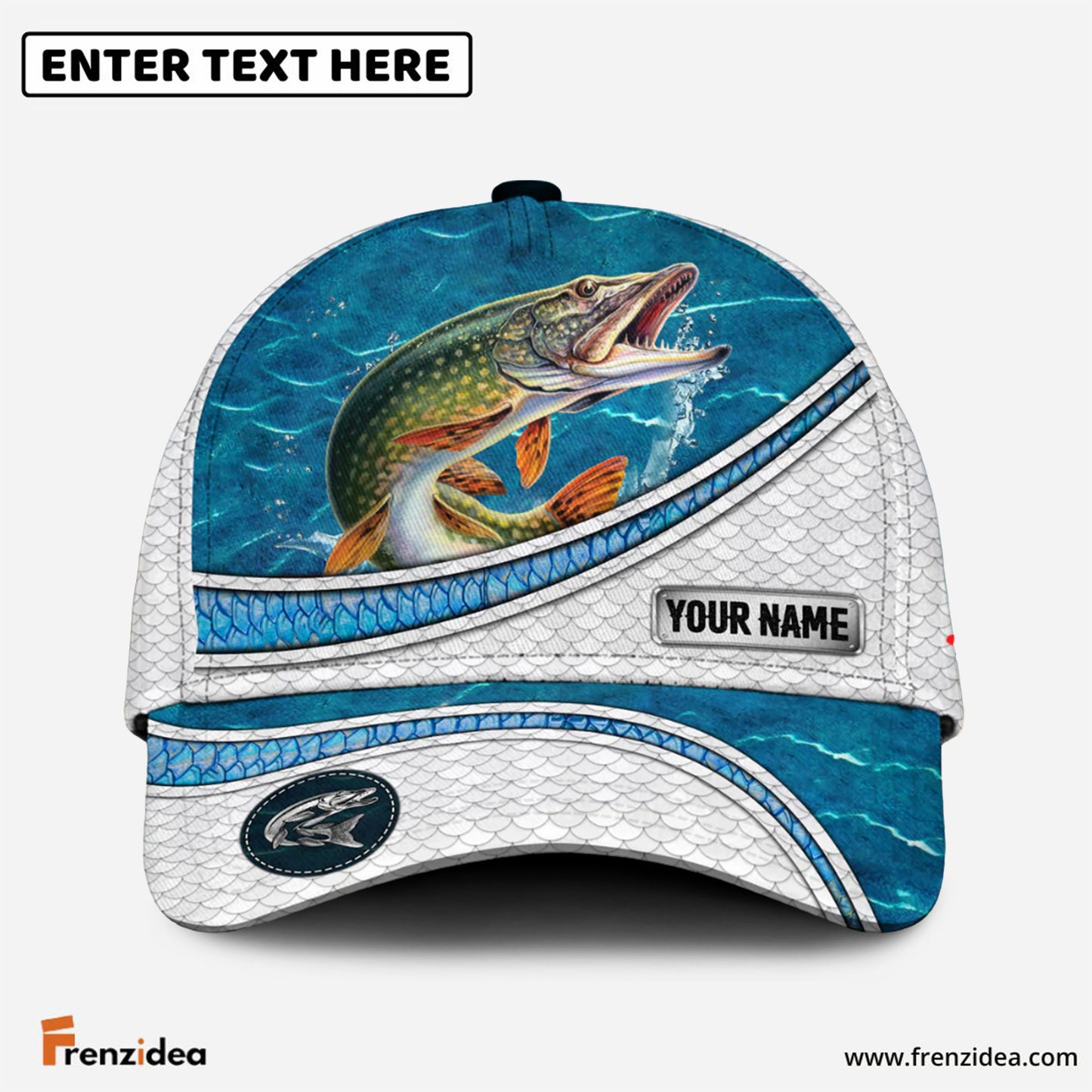 Frenzidea Custom Name Pike Fishing Blue Water Pattern 3D Classic Cap