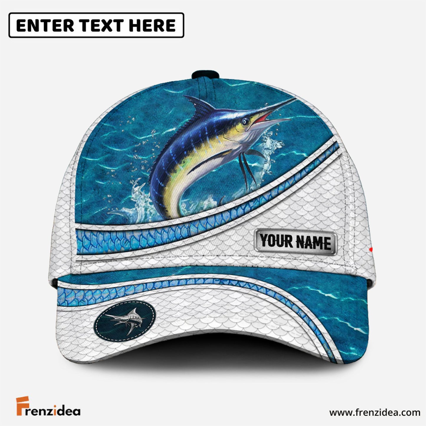 Frenzidea Custom Name Marlin Fishing Blue Water Pattern 3D Classic Cap