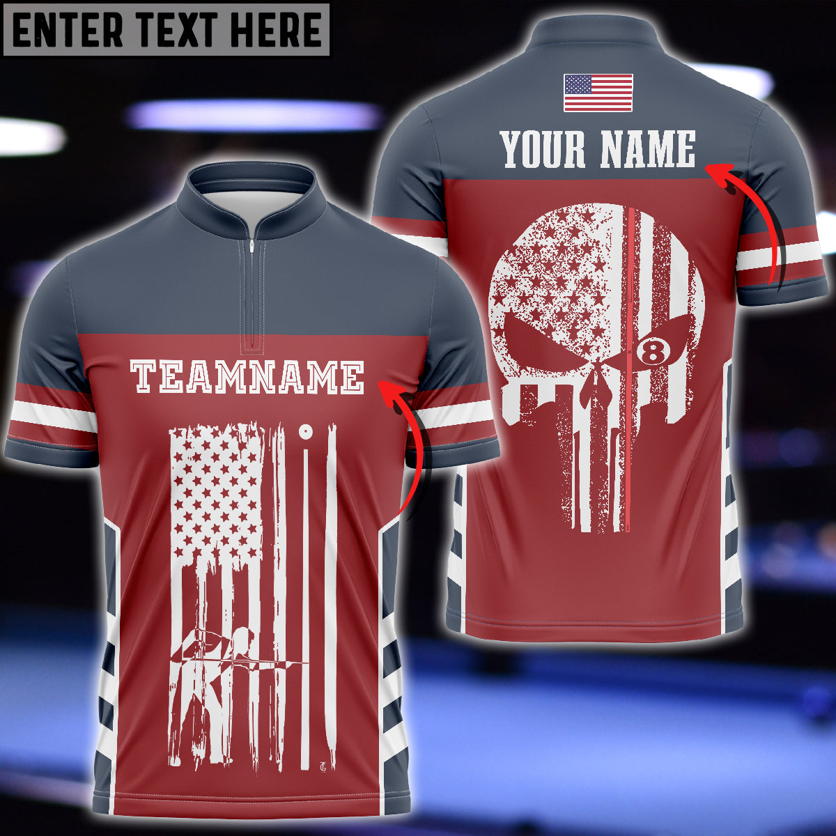 Frenzidea American Flag Skull Red Navy Billiard Custom Name Zipper Polo Shirt